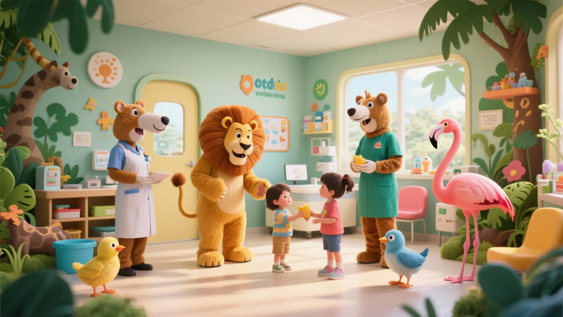 Child friendly clinic room featuring staff in large animal costumes and colorful wall decorations throughout
