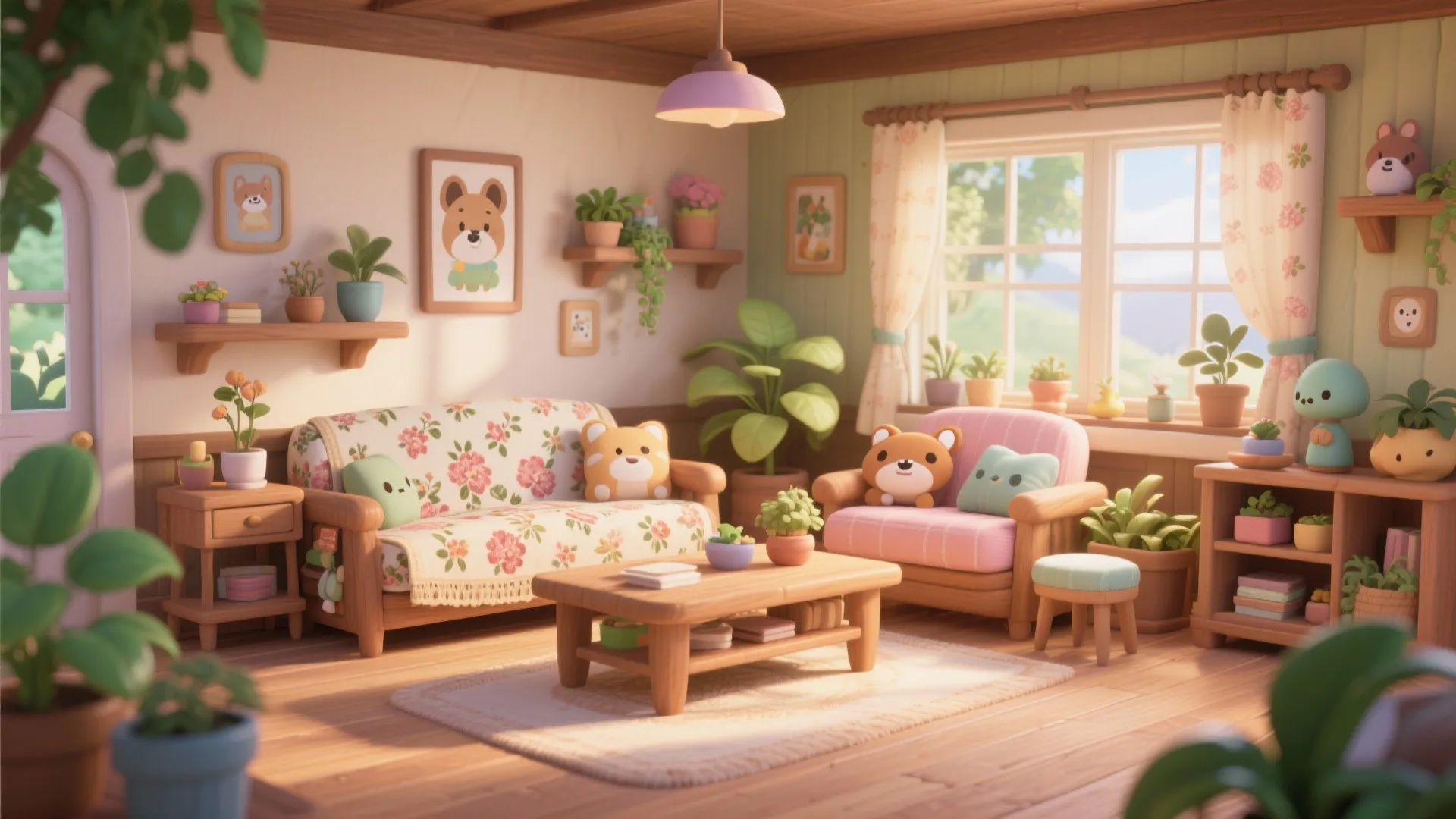 Cute cartoon style living room featuring floral sofa pink armchair animal pillows and many green plants
