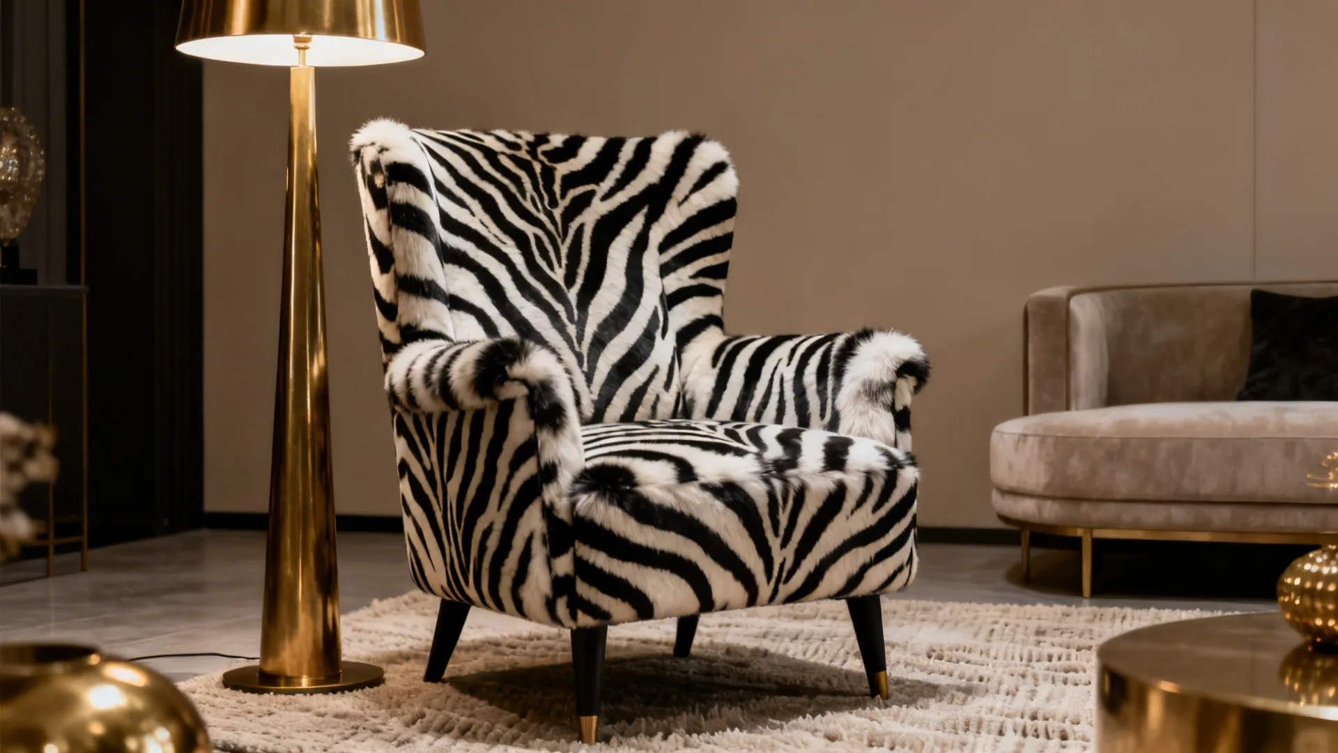 Zebra-print accent chair styled with brass accents in a small, elegant living room.