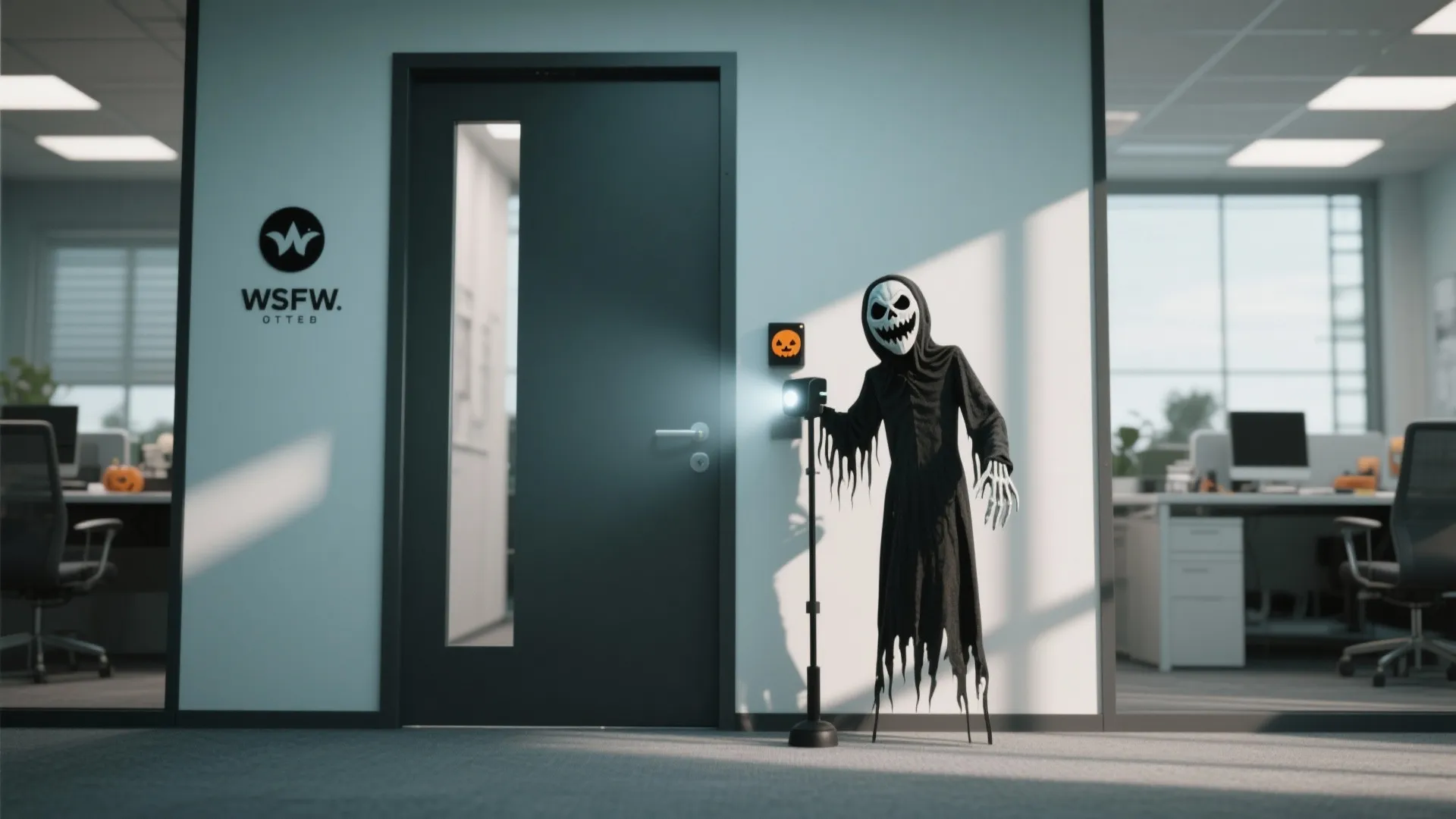 Modern office hallway featuring a scary skeleton door greeter standing next to a dark door