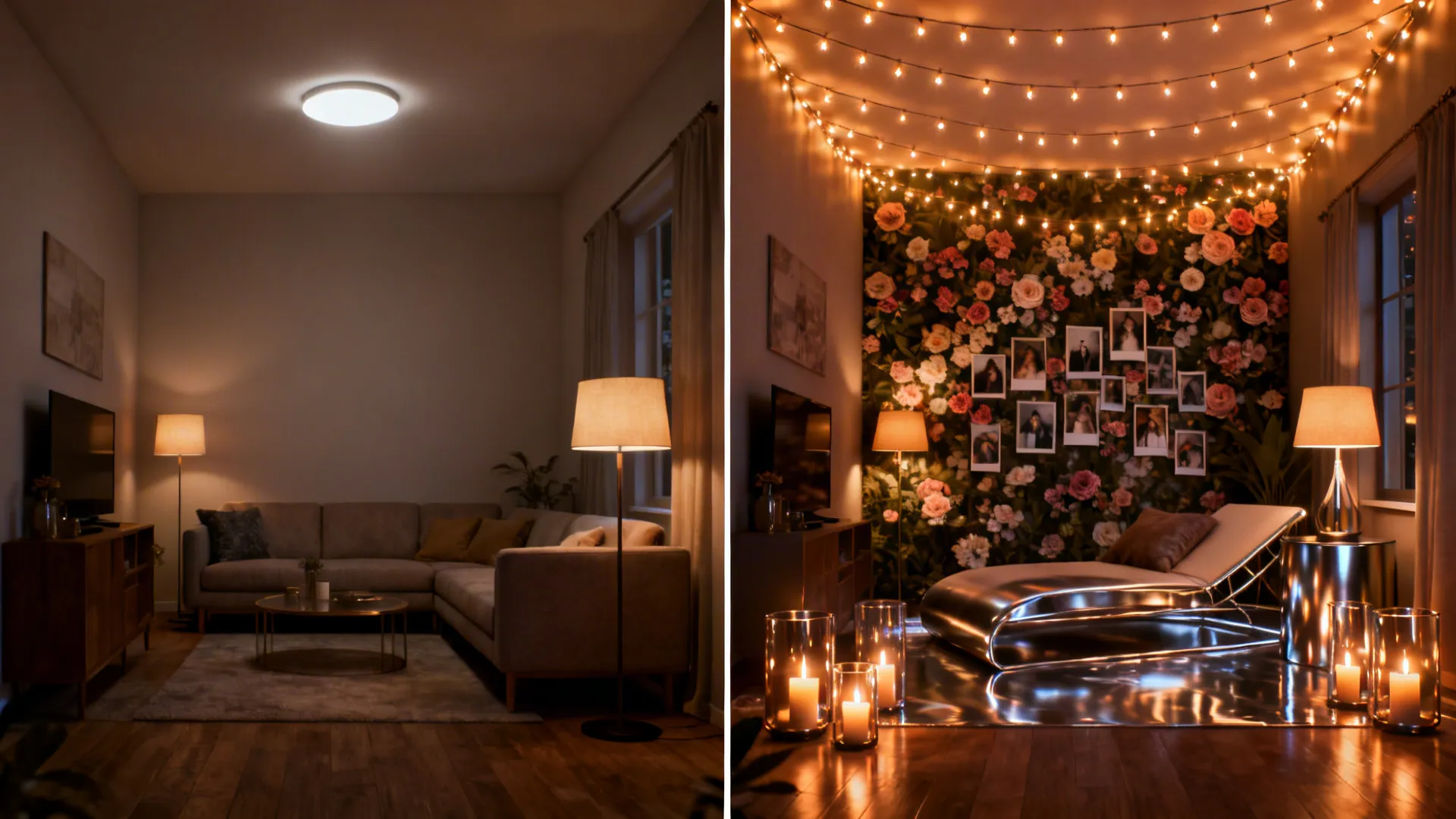 Before-and-after of a small living room transformed with warm layered lighting and a romantic backdrop.