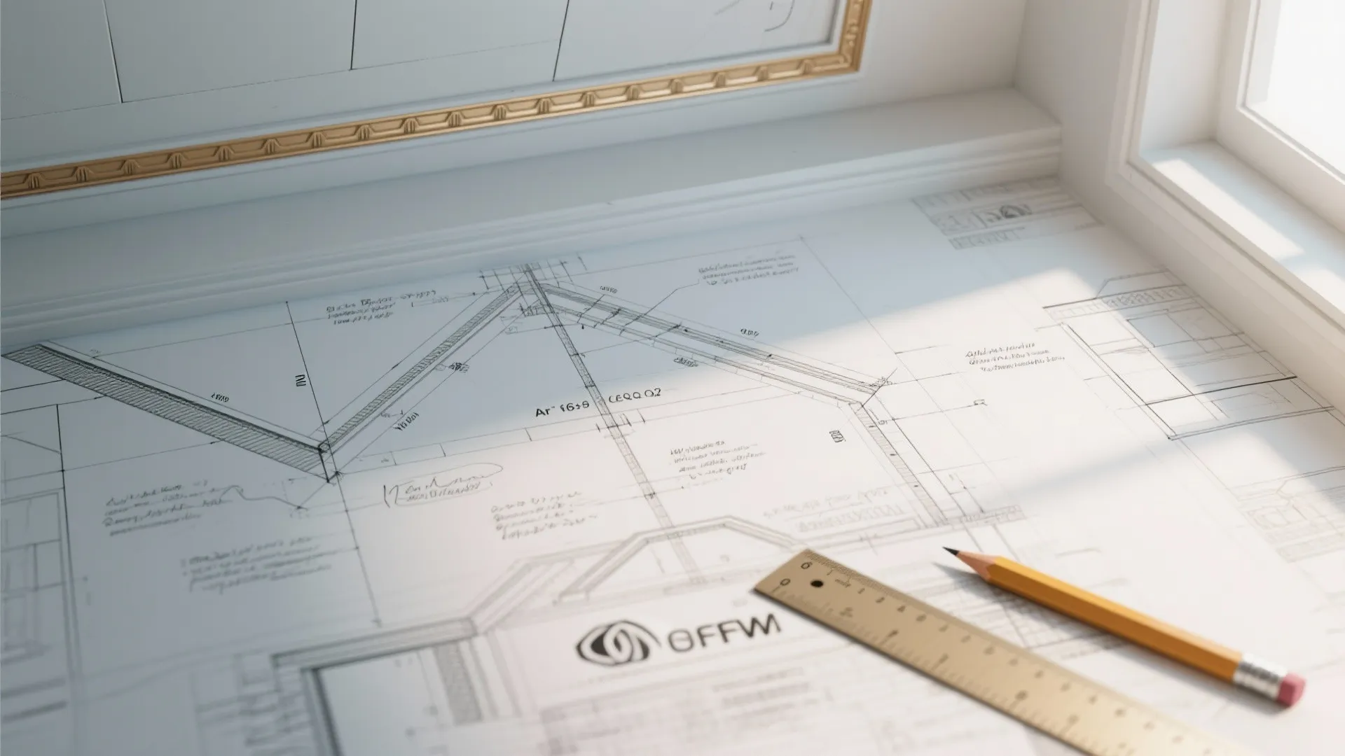 Interior design drawing of a house roof structure with a ruler and a yellow pencil