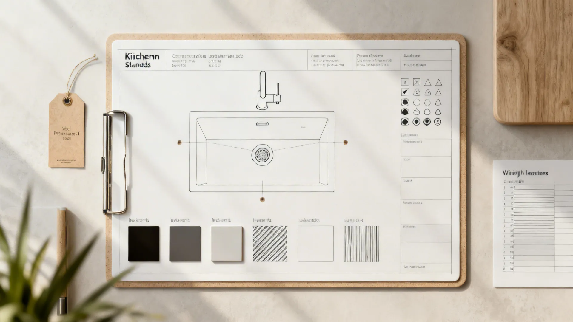 Flatlay of annotative text samples, tags, block icons, hatches, and lineweight legend for kitchen CAD.