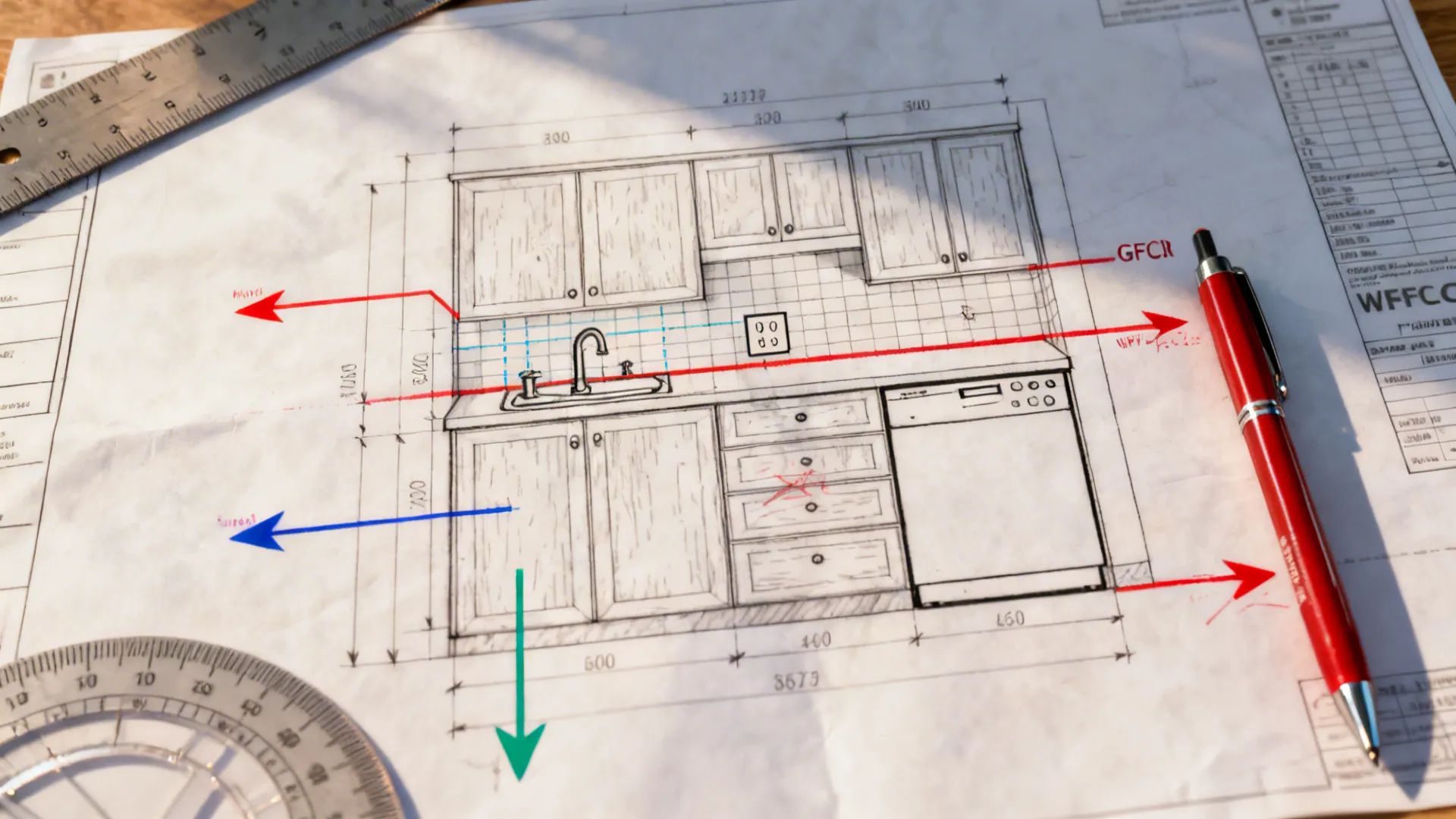 Top-down view of a plotted kitchen plan with clear annotation layers and centerlines on a desk.