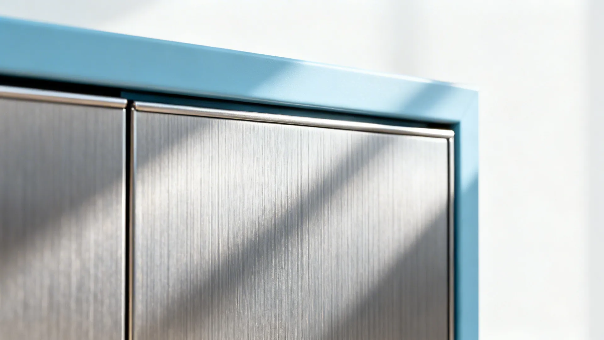 Close up view of blue cabinet frame with brushed metal doors and sunlight shadow effect