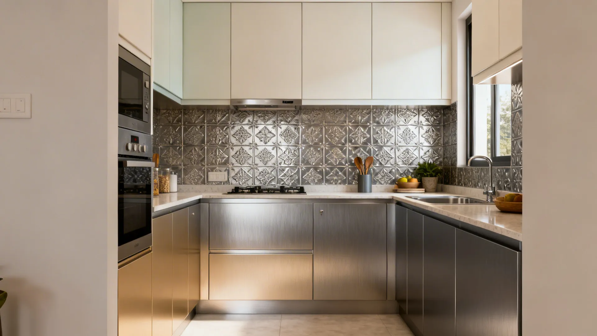 Modern kitchen with white upper cabinets and stainless steel lower cabinets with textured metal wall