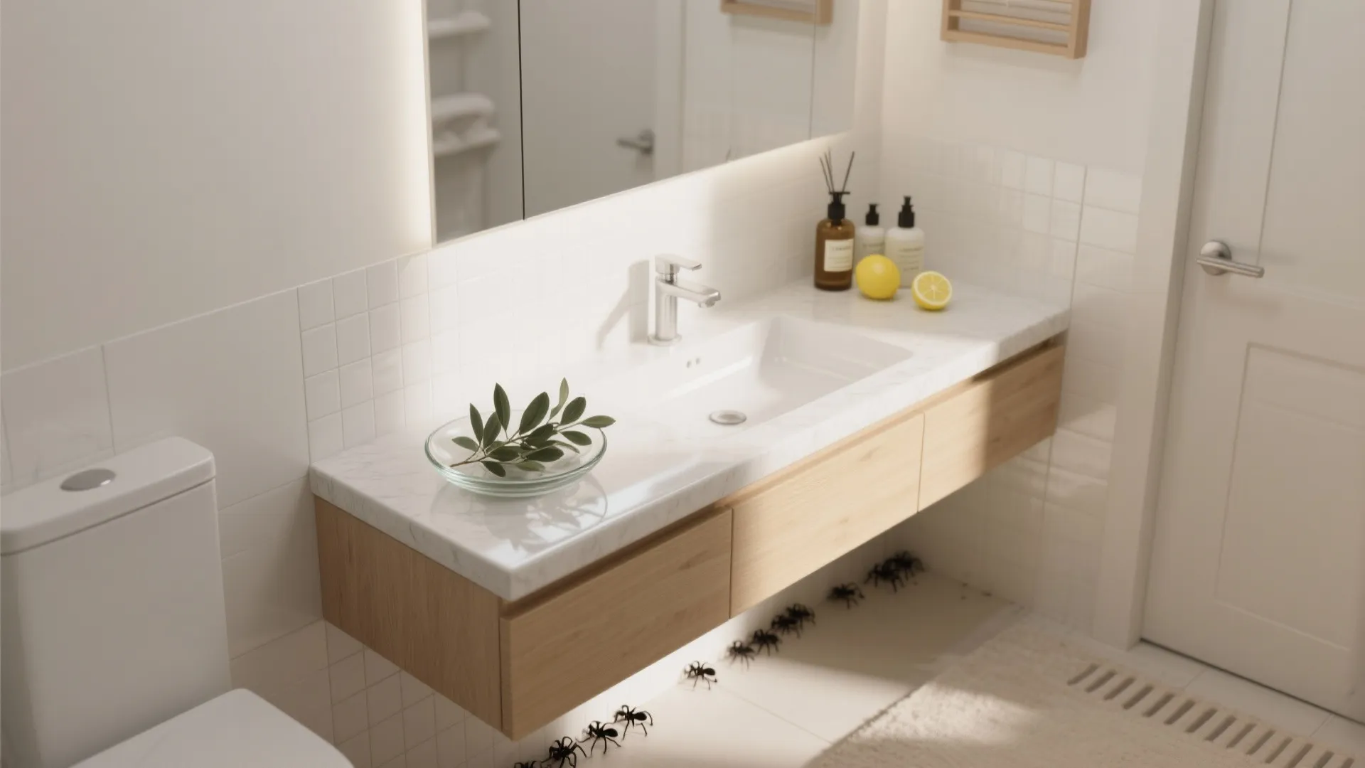 Modern bathroom with wooden cabinet white sink and ants crawling on the tiled floor surface
