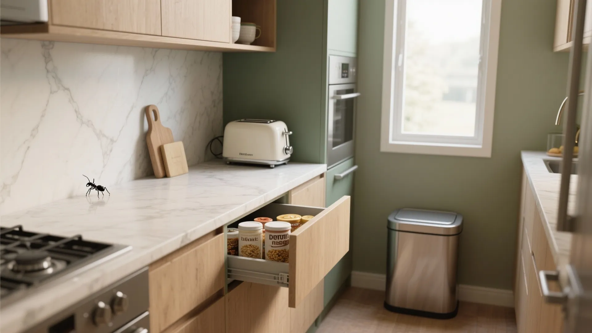 Kitchen marble countertop with toaster and open drawer containing jars next to green painted wall