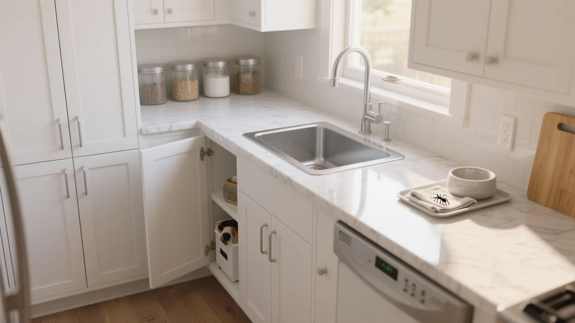 Bright white kitchen with marble countertop open cabinet sink and small black ant on tray