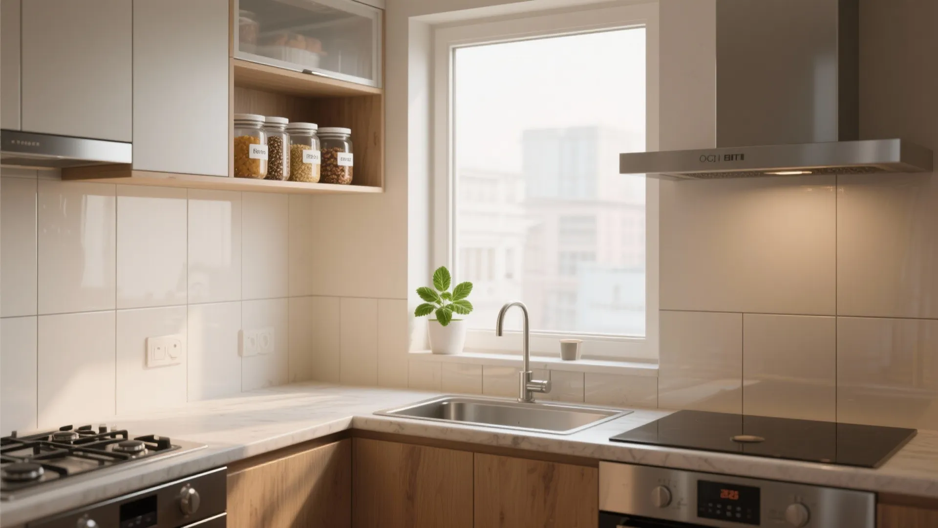 Modern kitchen with white tiles wooden cabinets metal sink stove and small green plant by window