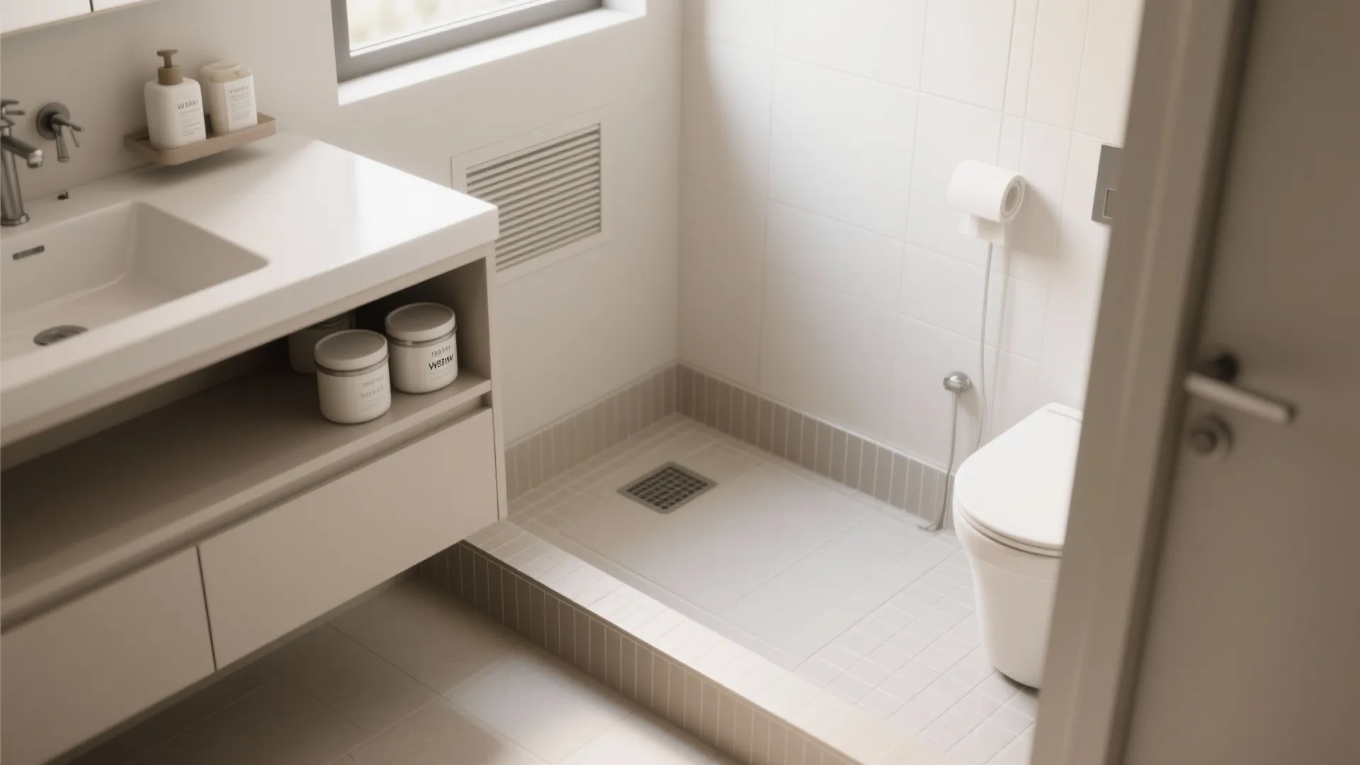 Clean white bathroom with toilet sink floor drain and tile walls to prevent pest entry