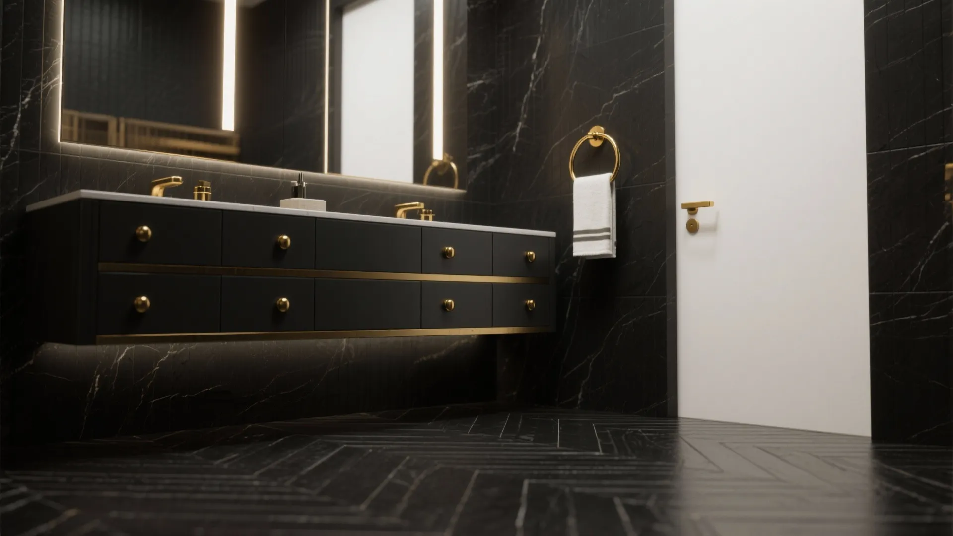3. Dark Anthracite Floor + Polished Gold Accents