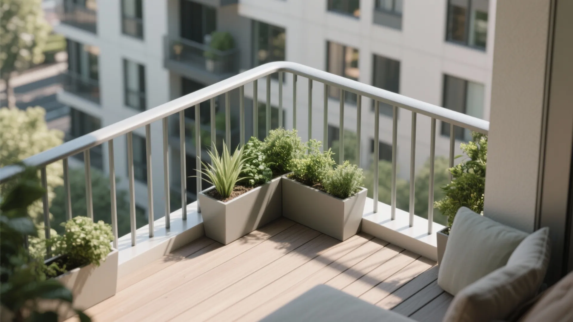 Apartment balcony with wooden floor and grey metal safety railing surrounded by green potted plants