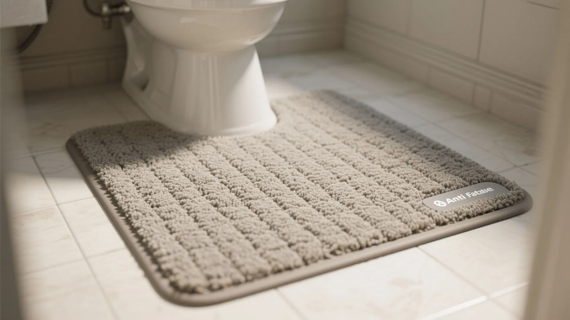 Textured grey floor mat on white bathroom tiles placed next to a white ceramic toilet