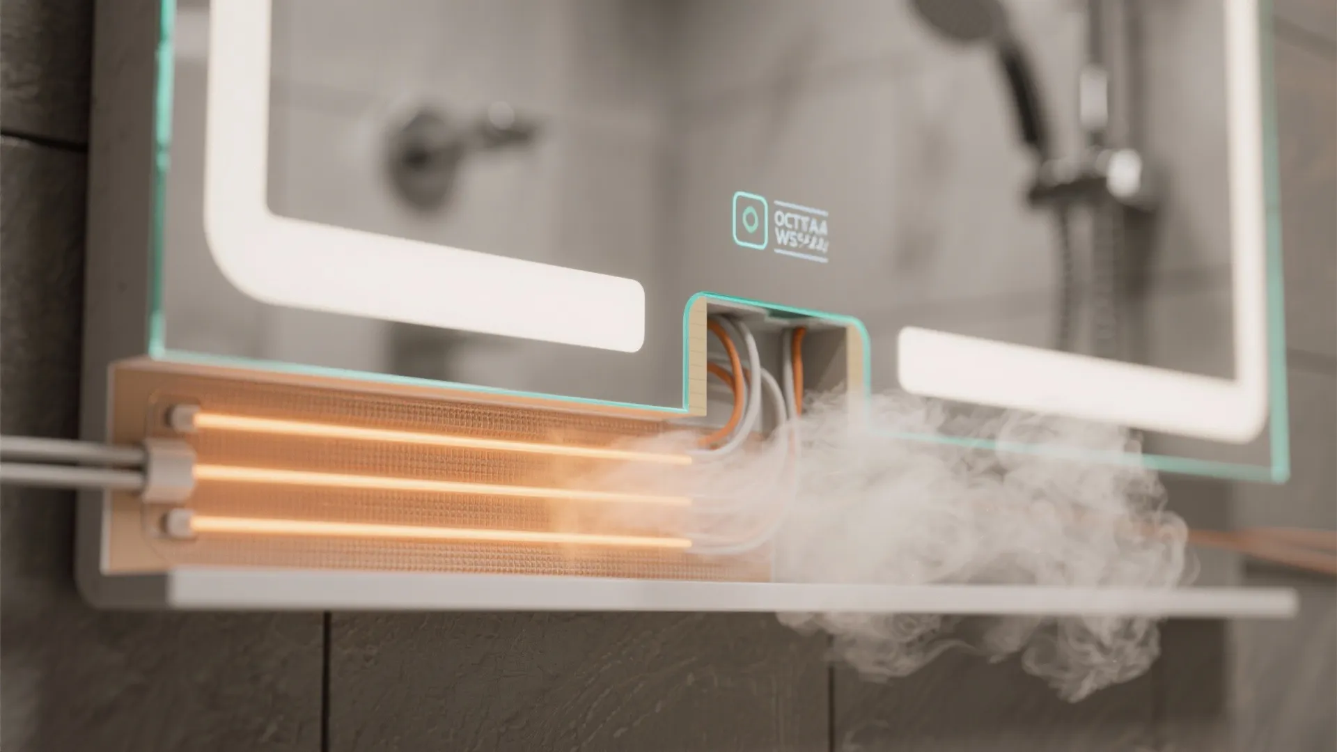 Smart bathroom mirror with visible heating wires clearing thick steam from the glass in bathroom