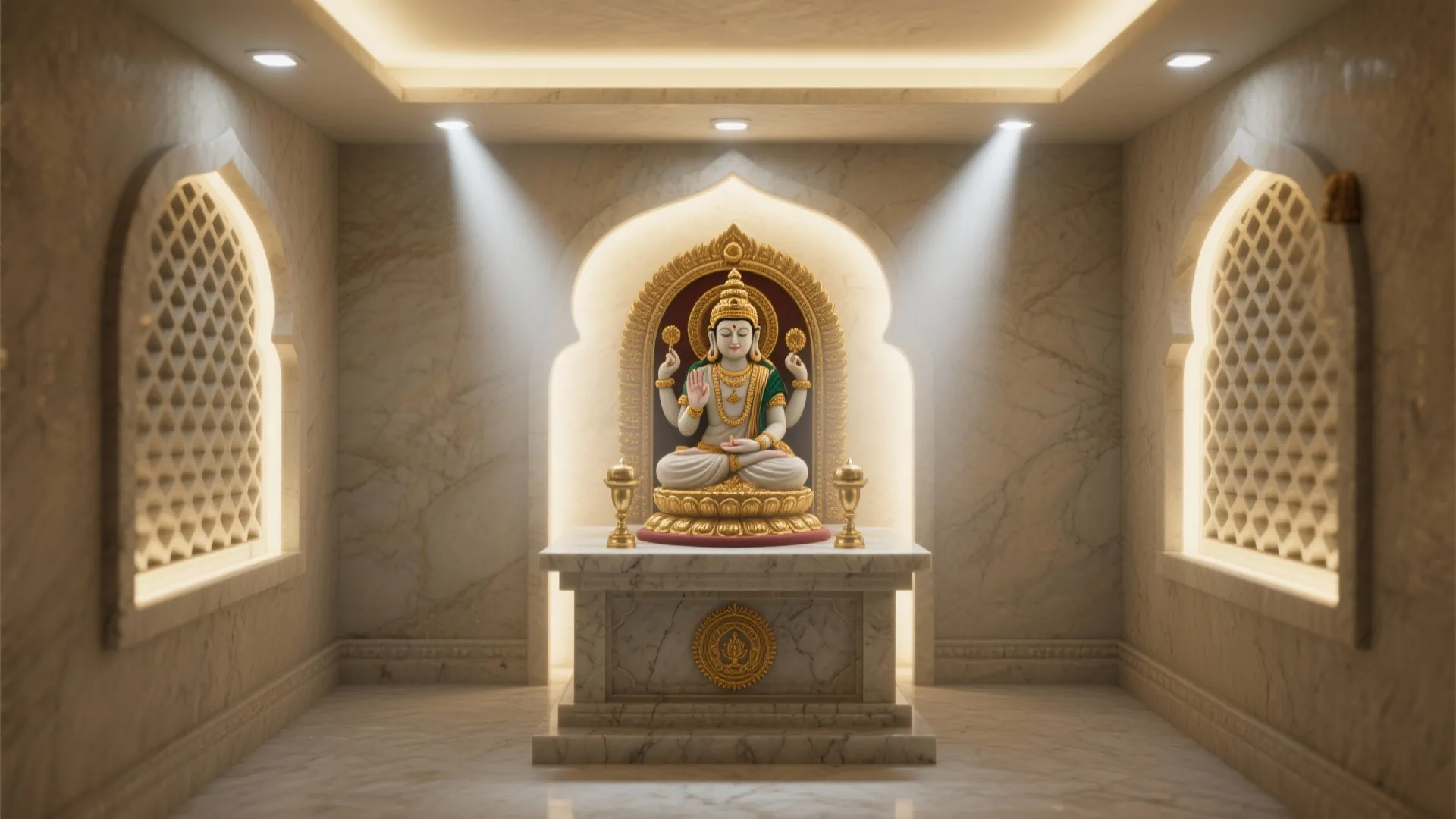 Compact shrine with anti-glare recessed accents and honeycomb louvers creating a soft halo on the deity.