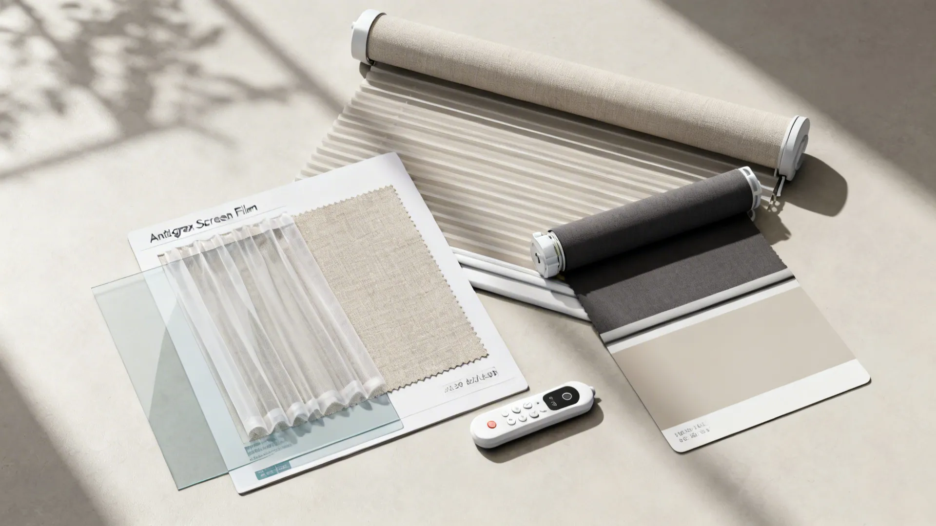 Flatlay of anti-glare film sample, sheer and blackout fabric swatches, and a motorized blind remote.