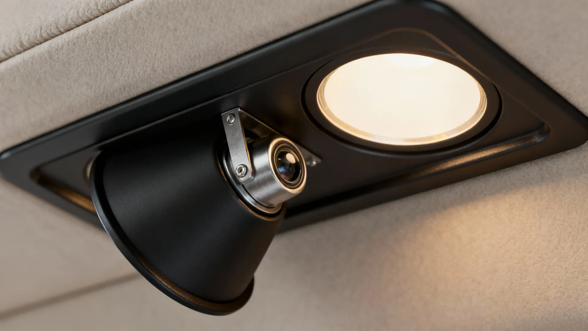 Close-up of a recessed downlight with a deep baffle and adjustable eyeball to reduce glare.