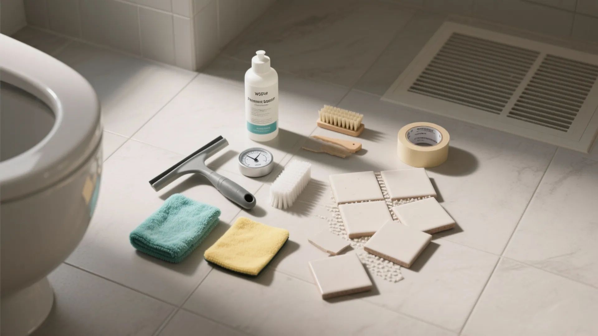 Bathroom cleaning tools and tiles arranged on floor with brush, tape, and a spray bottle