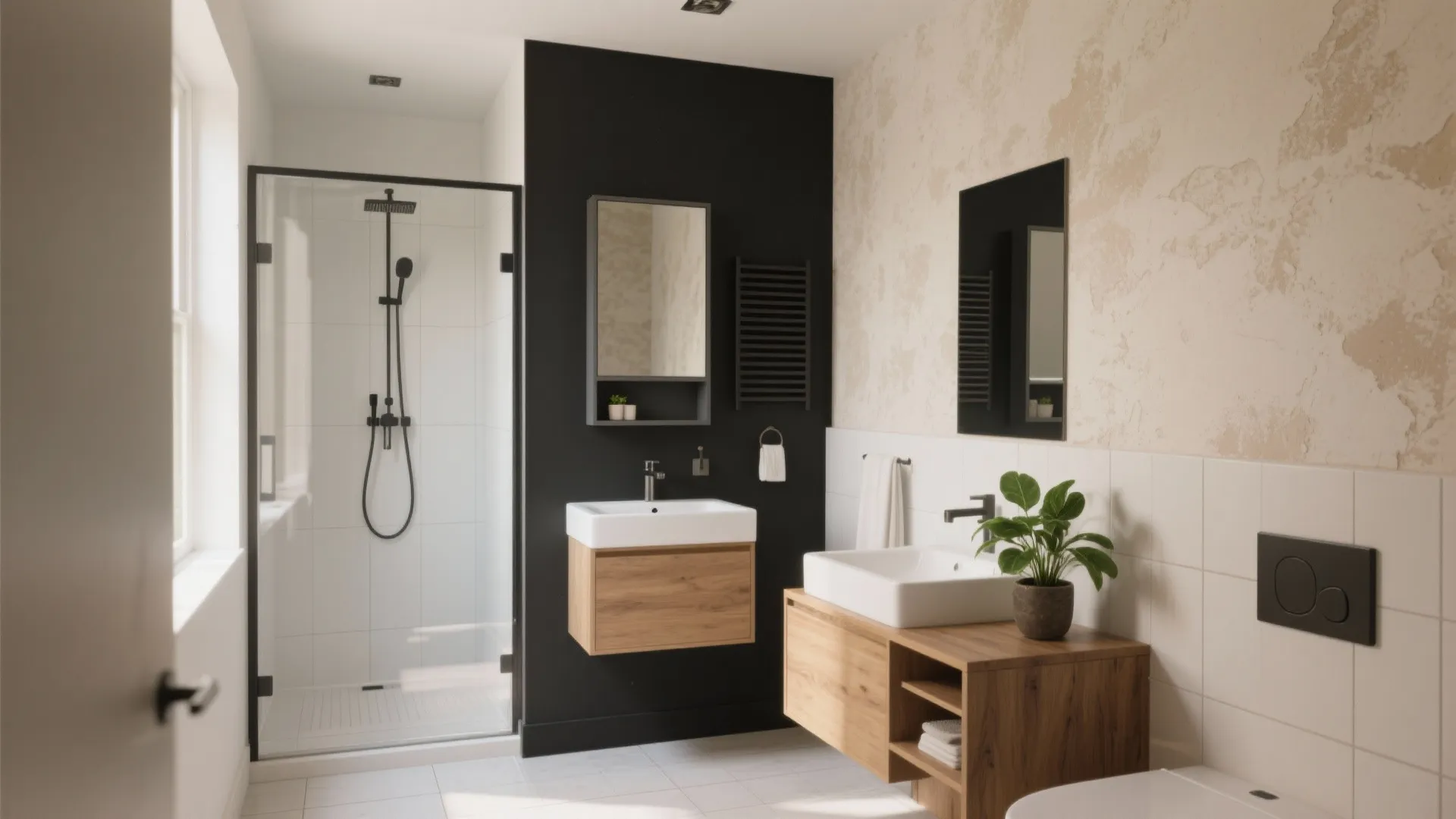 Modern bathroom with walk-in shower black feature wall wooden vanity white sinks and potted plant