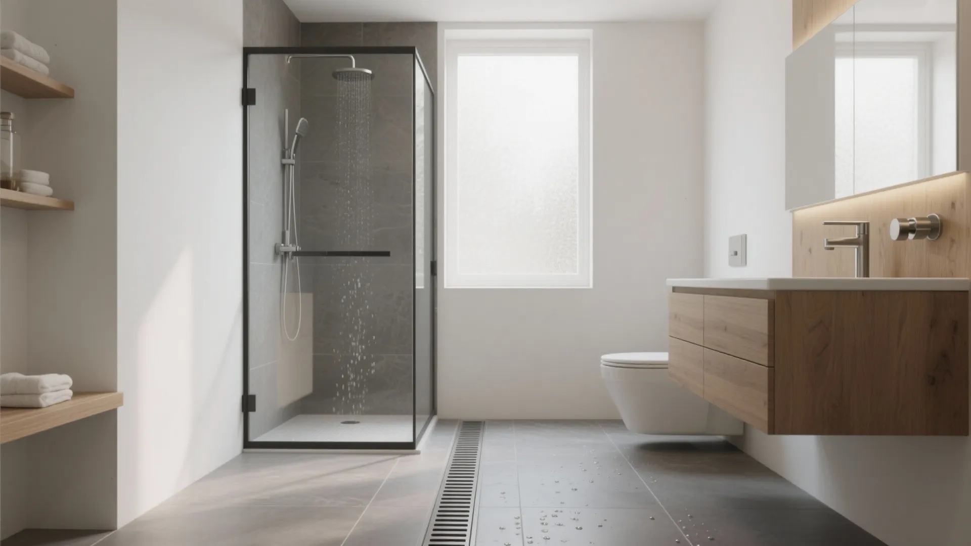 Modern bathroom interior design featuring glass shower cabin grey floor tiles wooden cabinet and white toilet