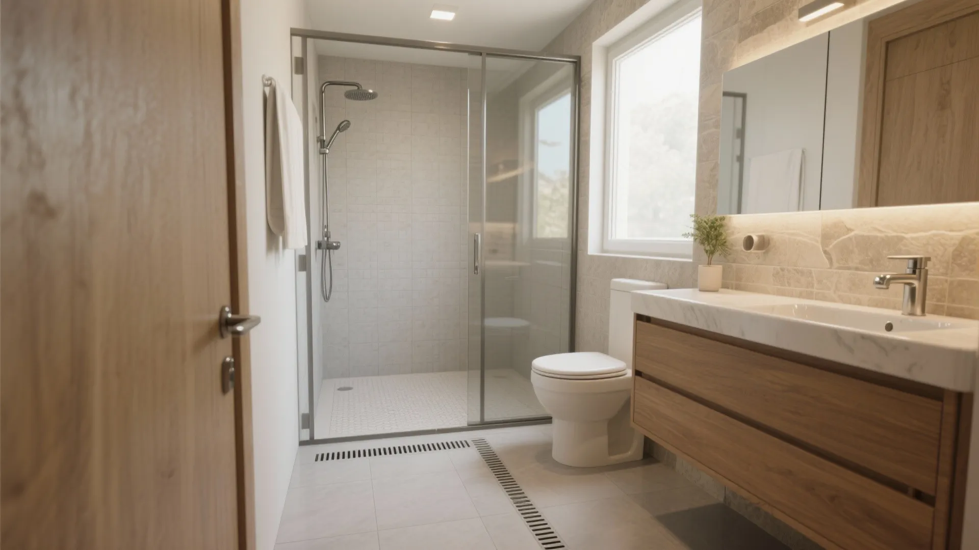 Modern bathroom with glass shower door white toilet wooden cabinet white sink and large mirror