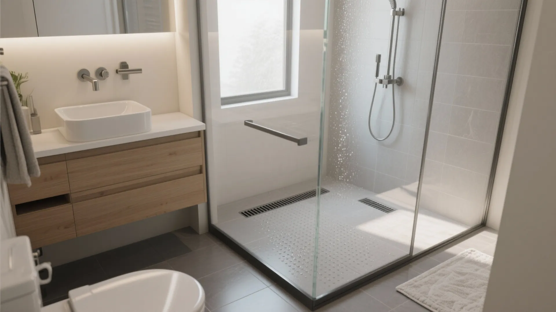 Modern bathroom interior design drawing with a glass walk in shower wooden cabinet and sink