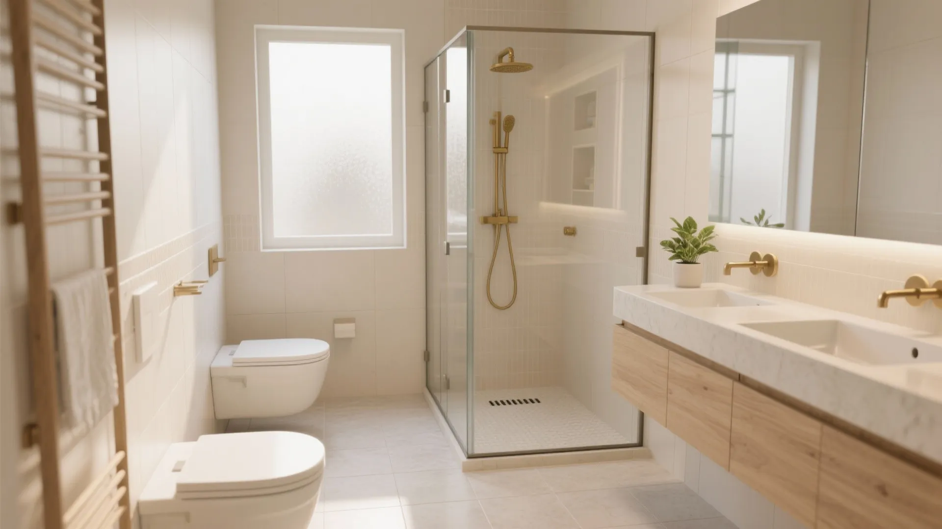 Modern bathroom interior design showing glass shower door toilet wooden cabinet and white double sink