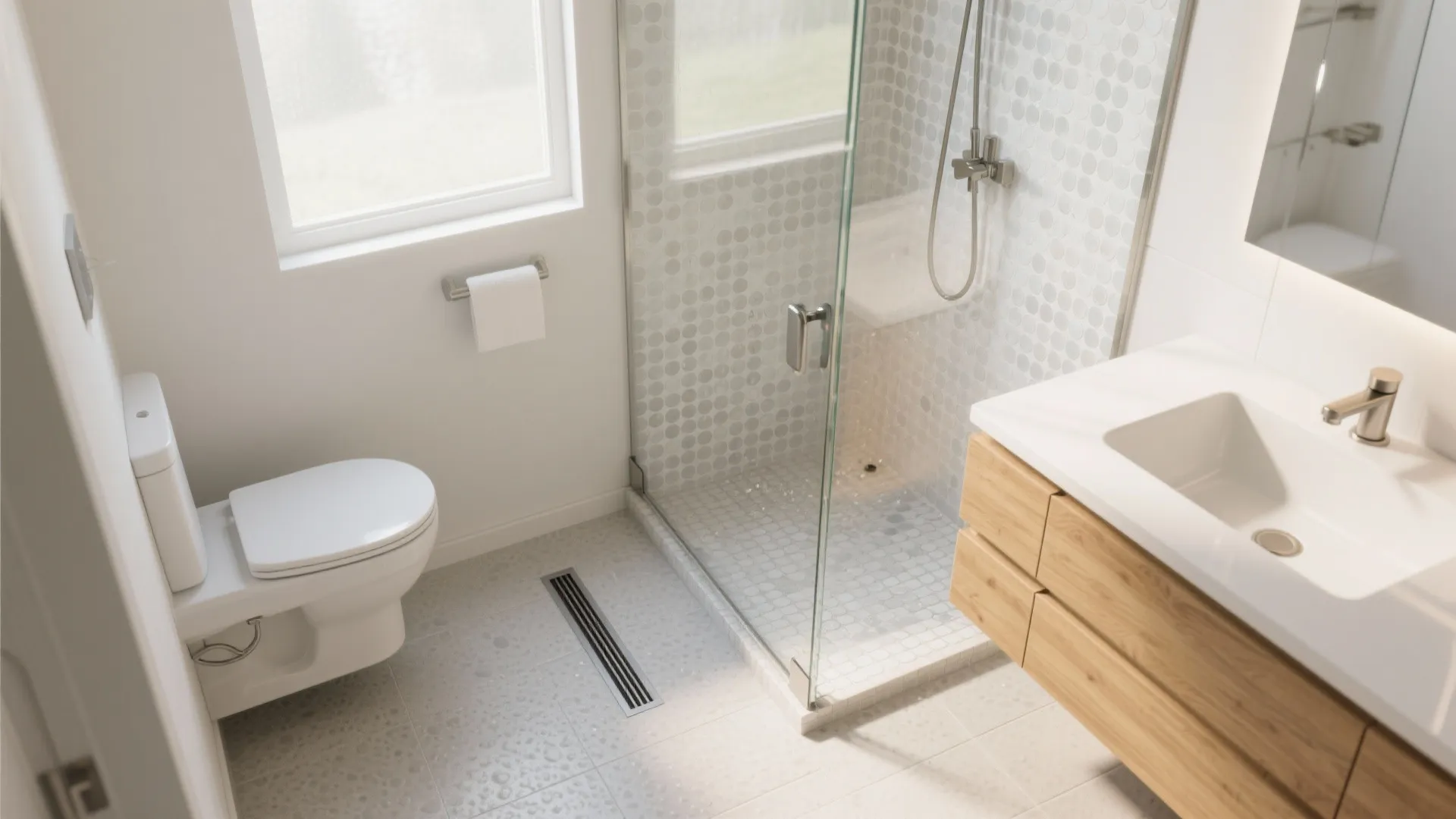 Modern bathroom interior featuring white toilet glass shower door wood cabinet and grey tile floor design