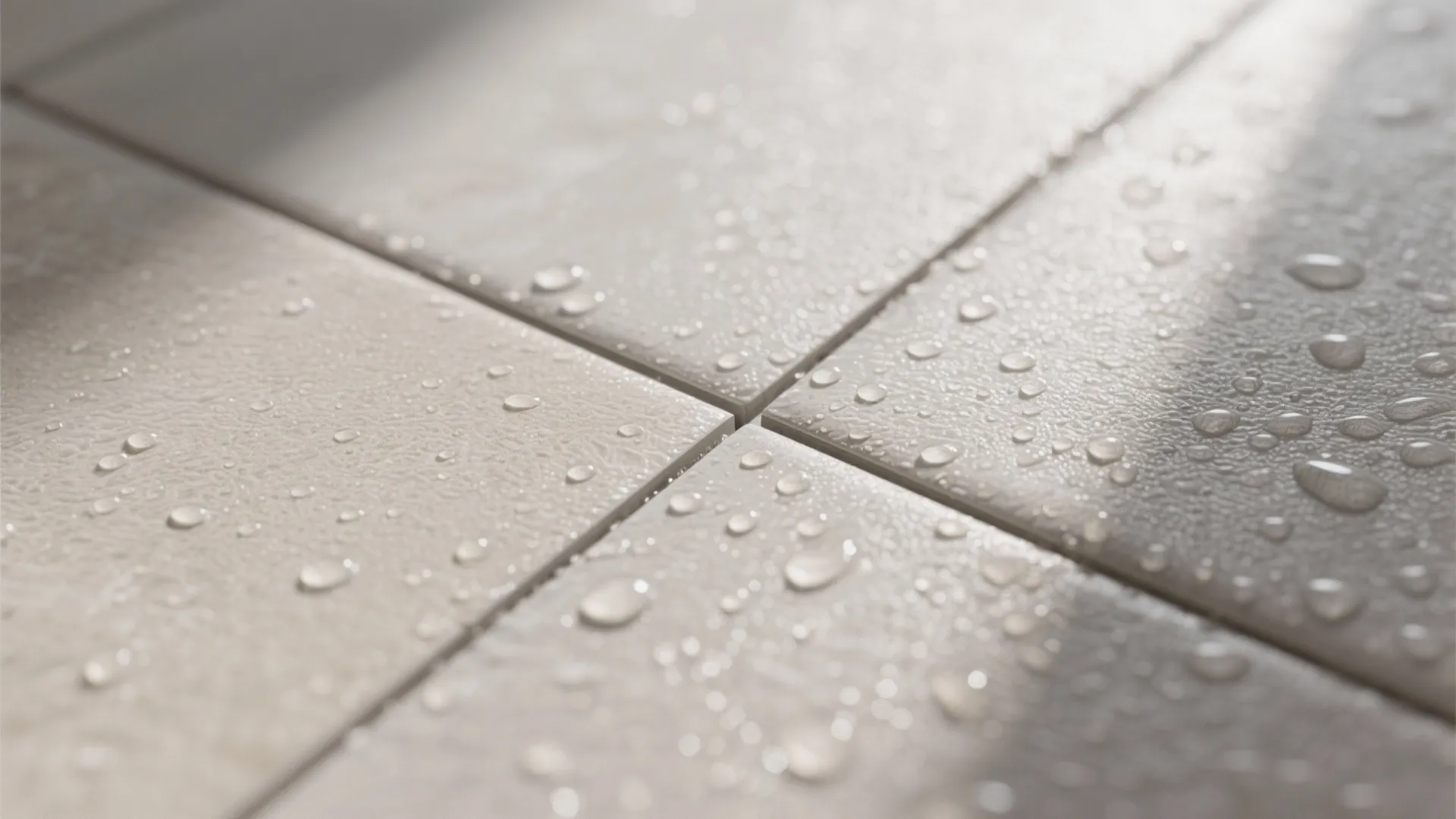 Close up view of light colored textured floor tiles with water droplets and soft sunlight
