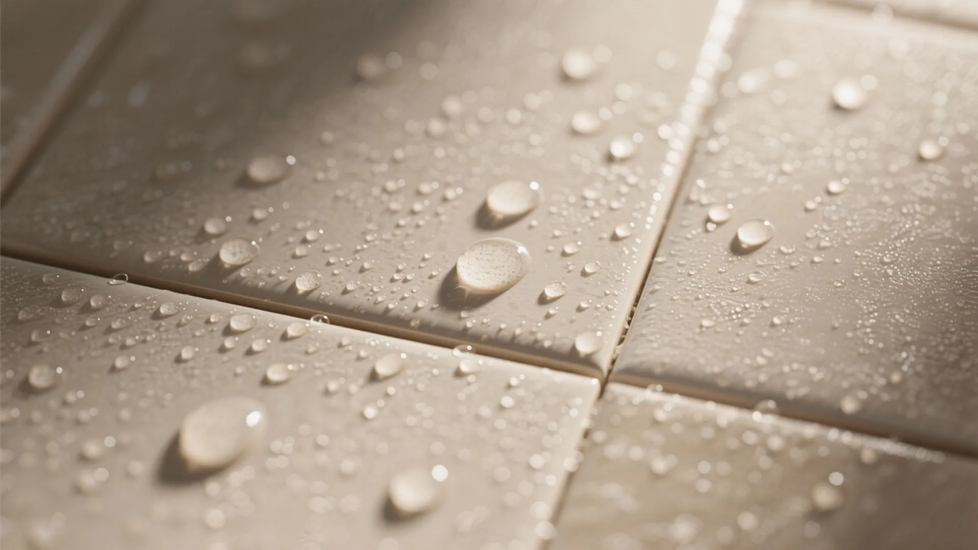 Close-up of beige floor tiles with water droplets showing a non-slip surface in a bathroom