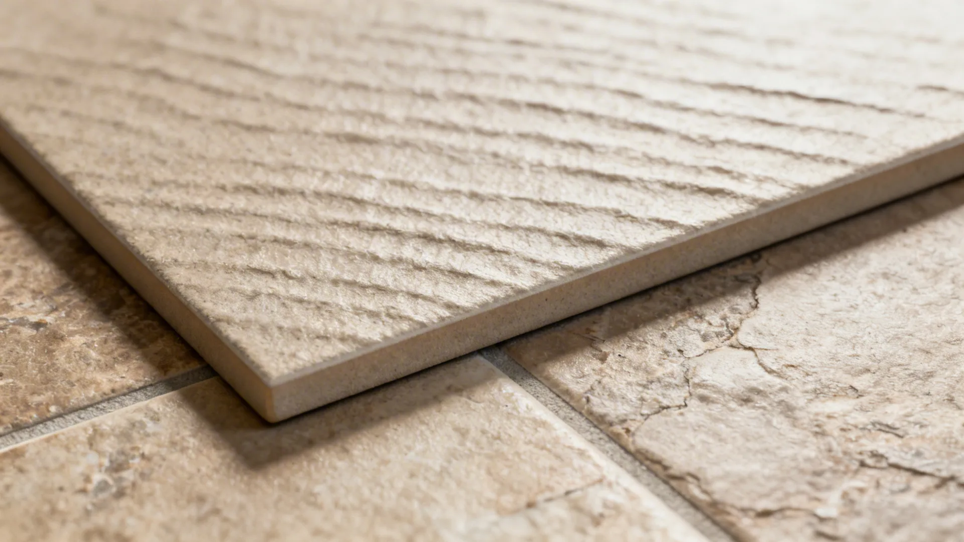 Macro detail of slip-resistant stone-look porcelain tile texture and grout edge