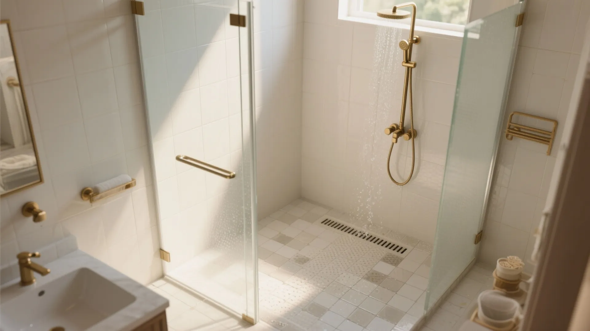 Shower area with non-slip floor tiles gold light fixture glass door and natural morning light