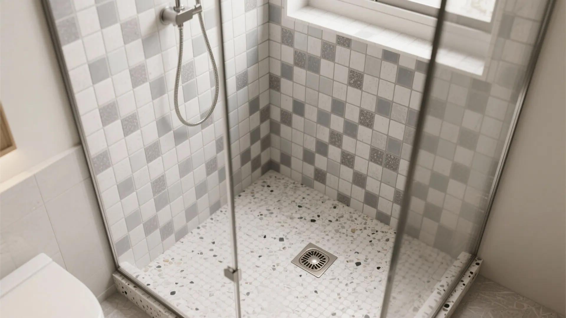 Modern shower area featuring grey mosaic wall tiles and a white pebble pattern floor design