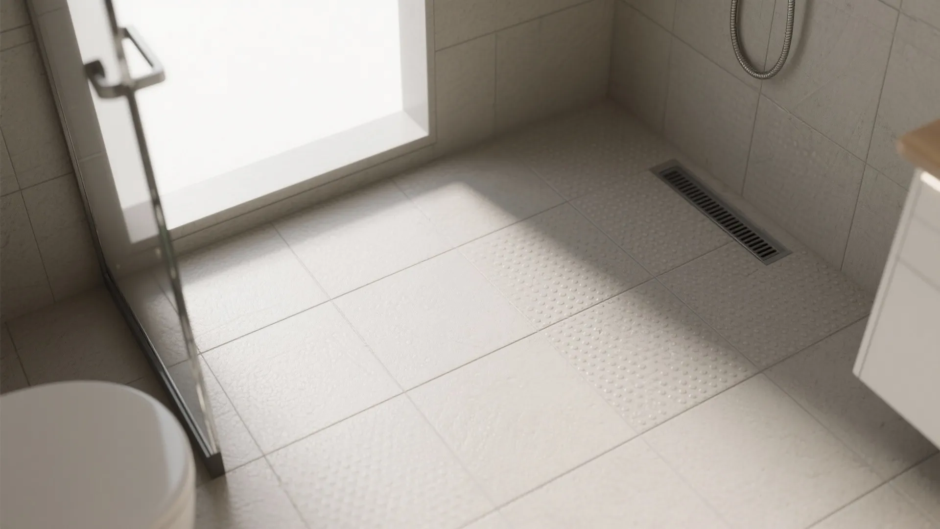 Modern shower floor with textured white anti slip tiles drain system and glass door view