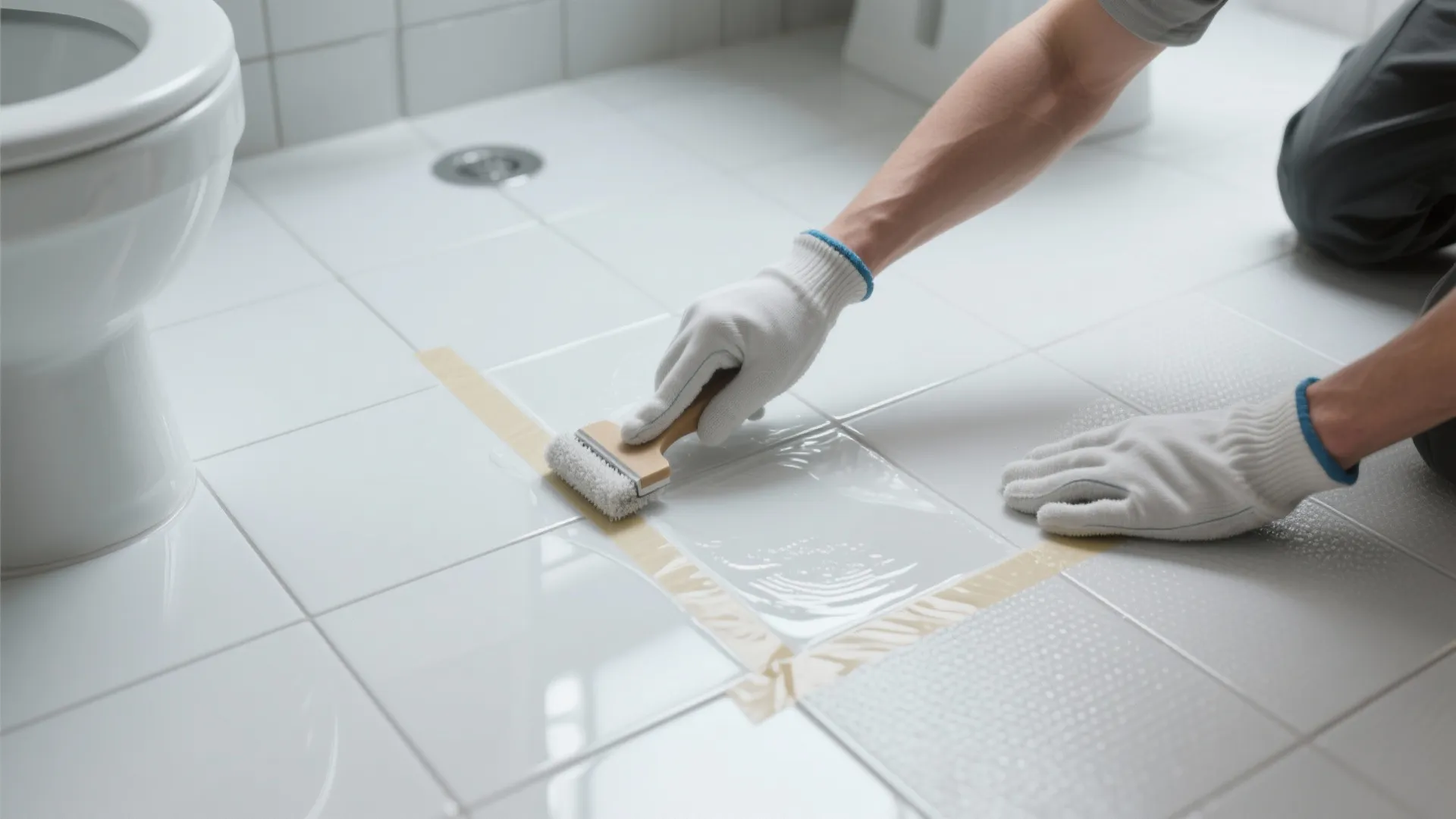 Top-down view of anti-slip coating applied to existing bathroom tiles with clean masking.