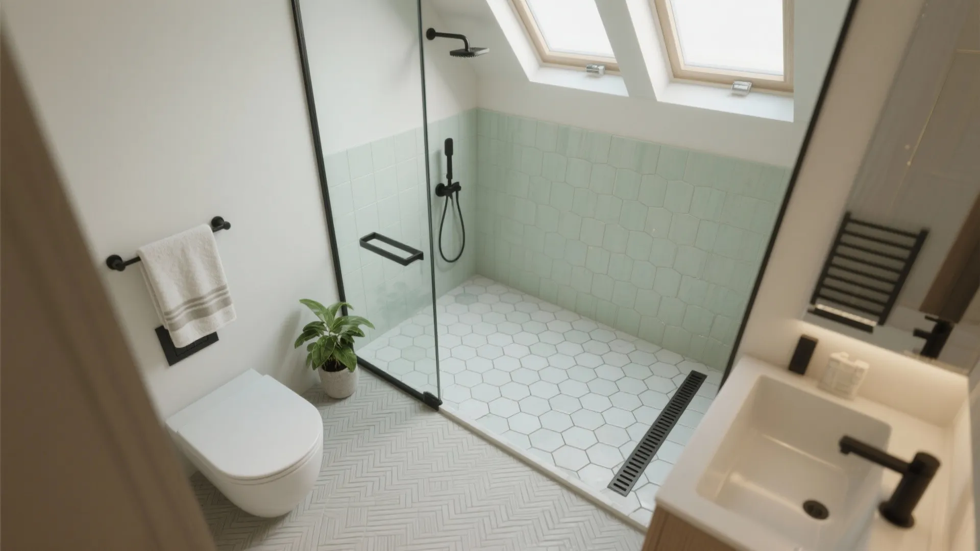 Small bathroom layout with green wall tiles white toilet plant and two bright roof windows