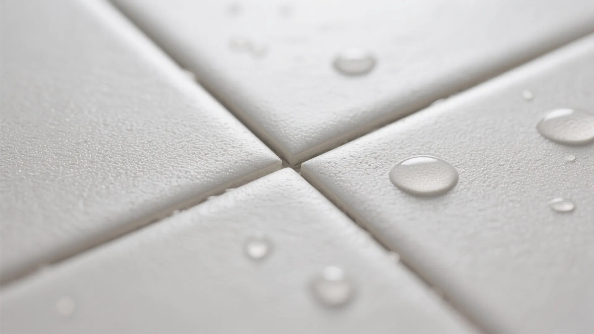 Close up view of white bathroom floor tiles with clear water droplets on the surface
