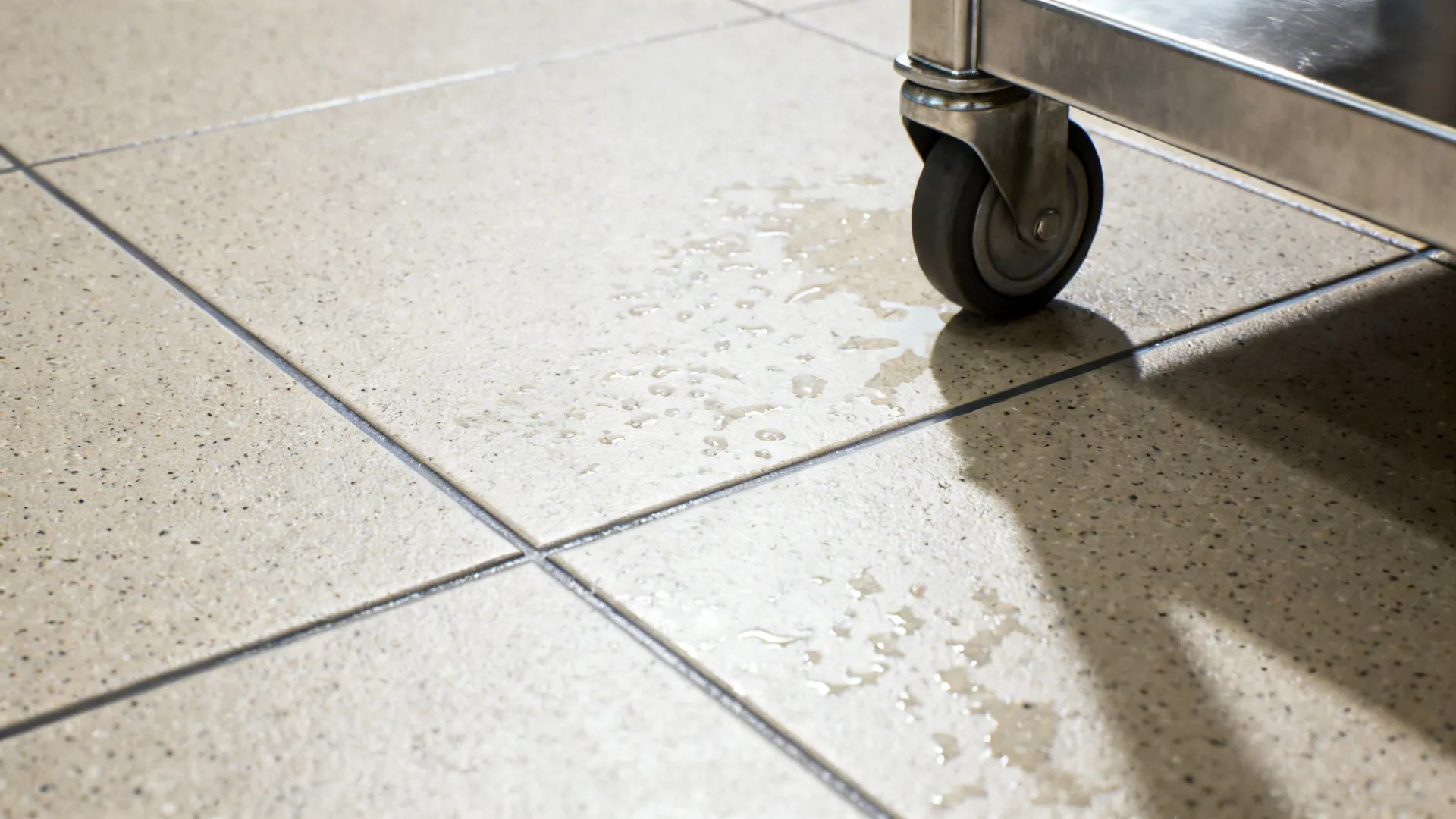 Macro view of anti-slip porcelain floor tile with epoxy grout and water beading.