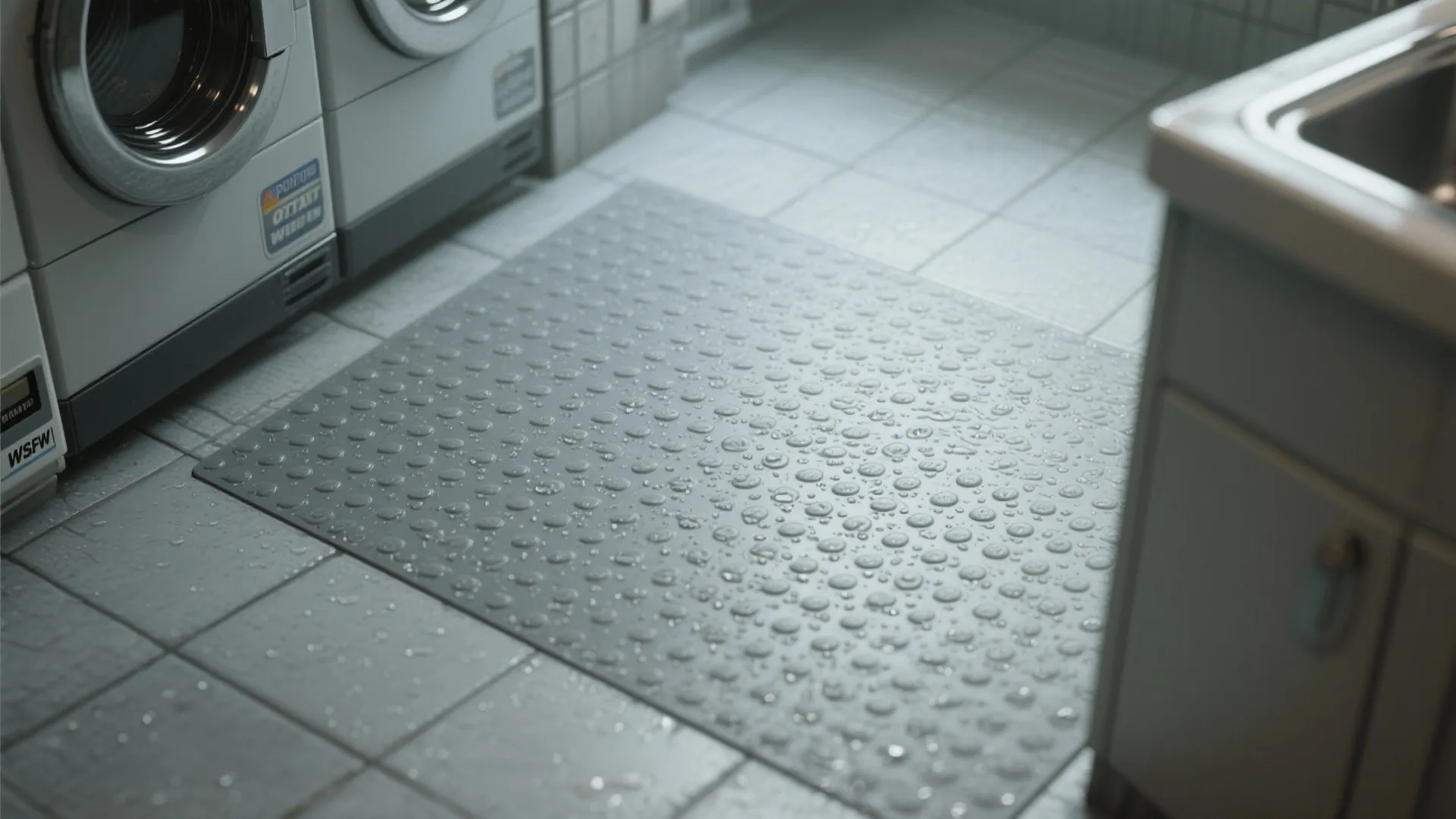 Close up of grey anti slip floor mat with water drops in a laundry room area