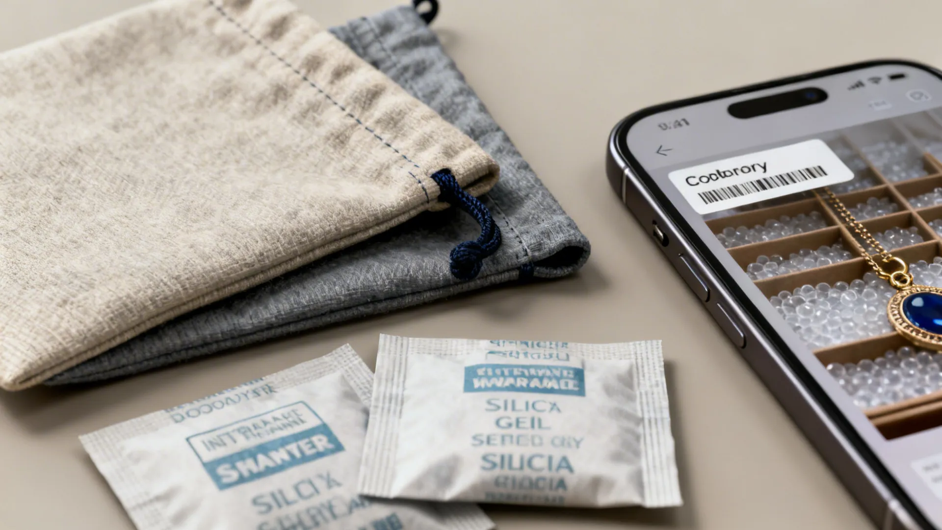 Anti-tarnish pouches and silica gel packets beside a smartphone showing a digital jewelry inventory photo.