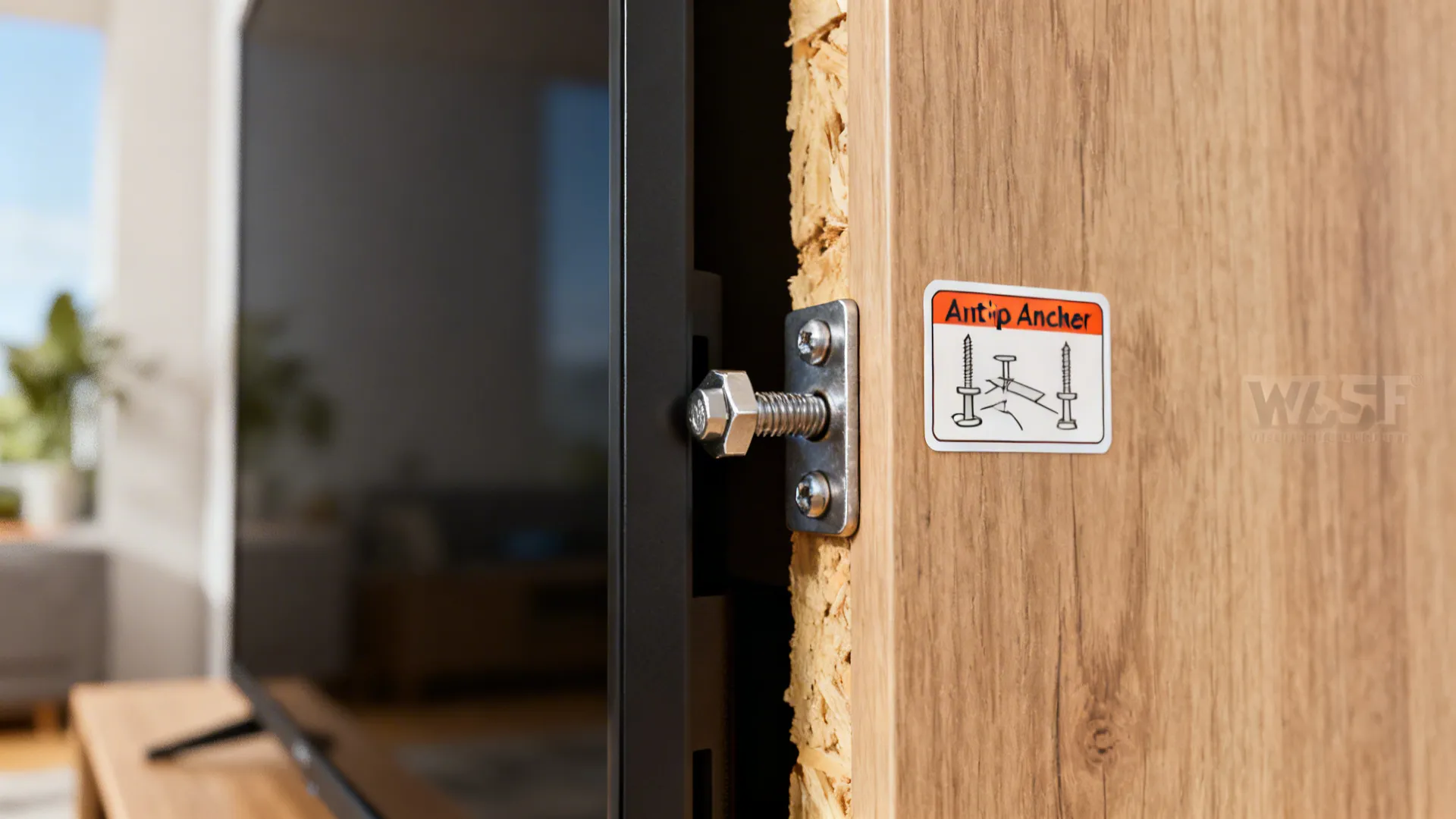 Anti-tip anchor fastened to a stud behind a tall TV cabinet for safety.