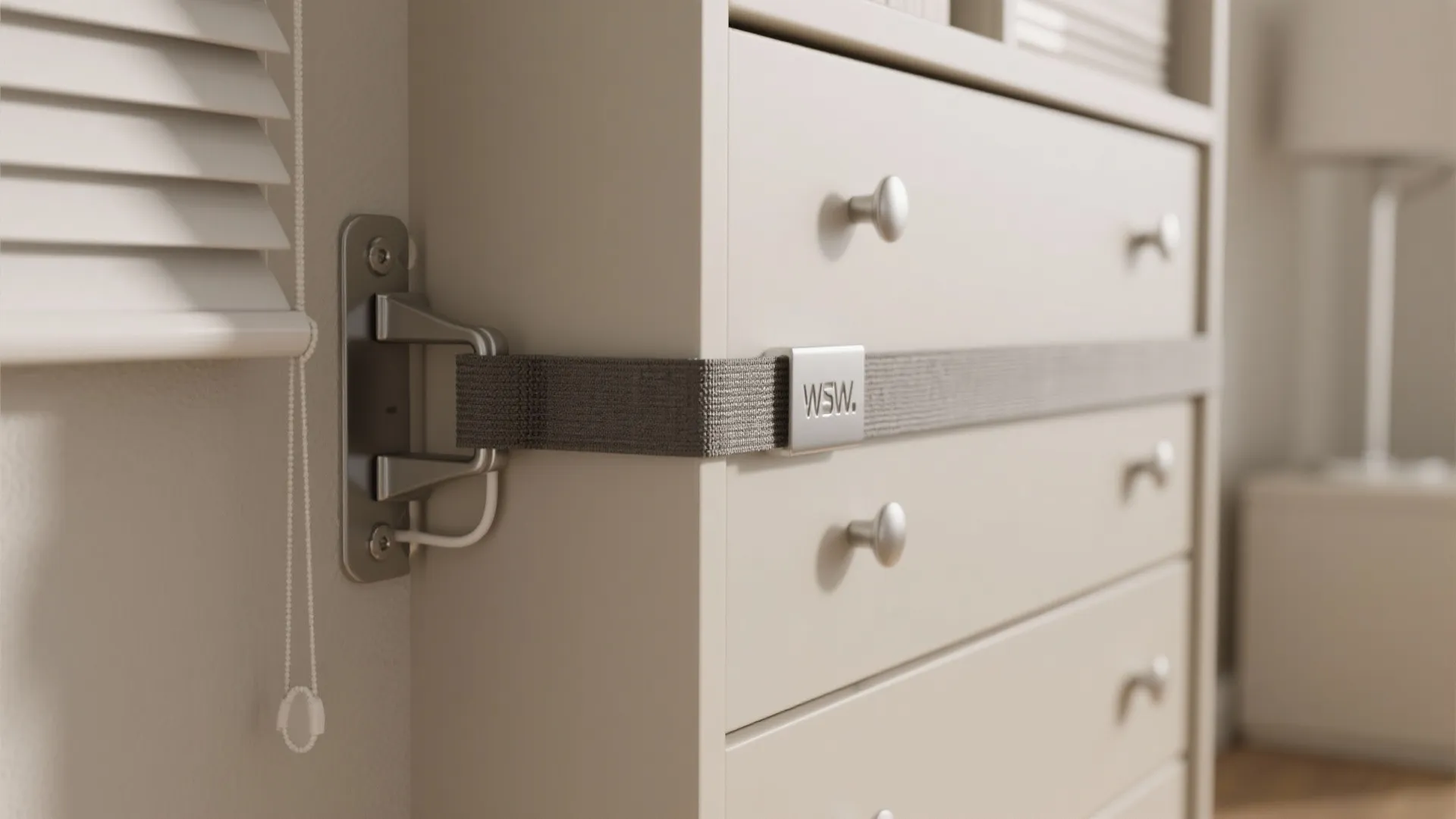 Close up view of a safety wall strap attached to a white cabinet for childproofing