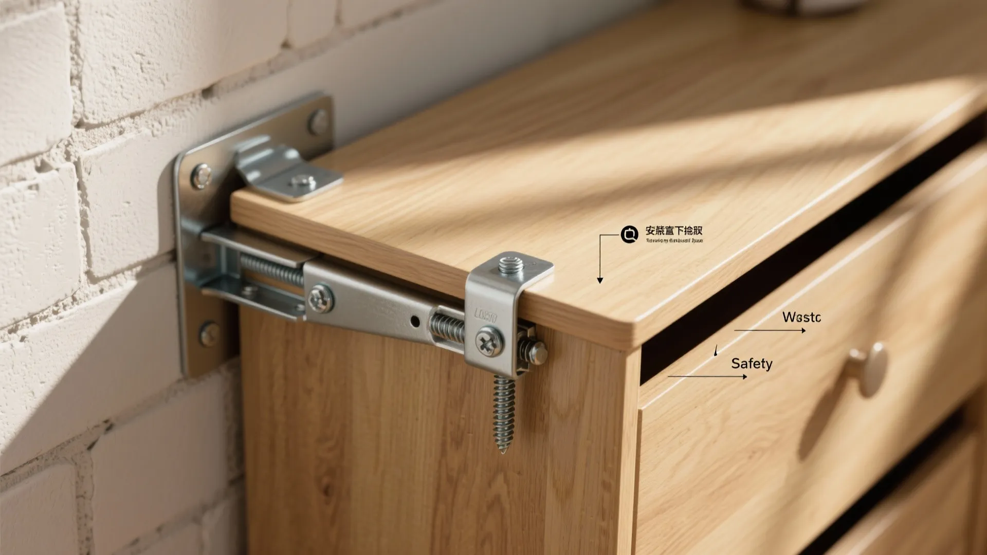 Metal safety bracket connecting a wooden cabinet to a white brick wall for stable furniture support