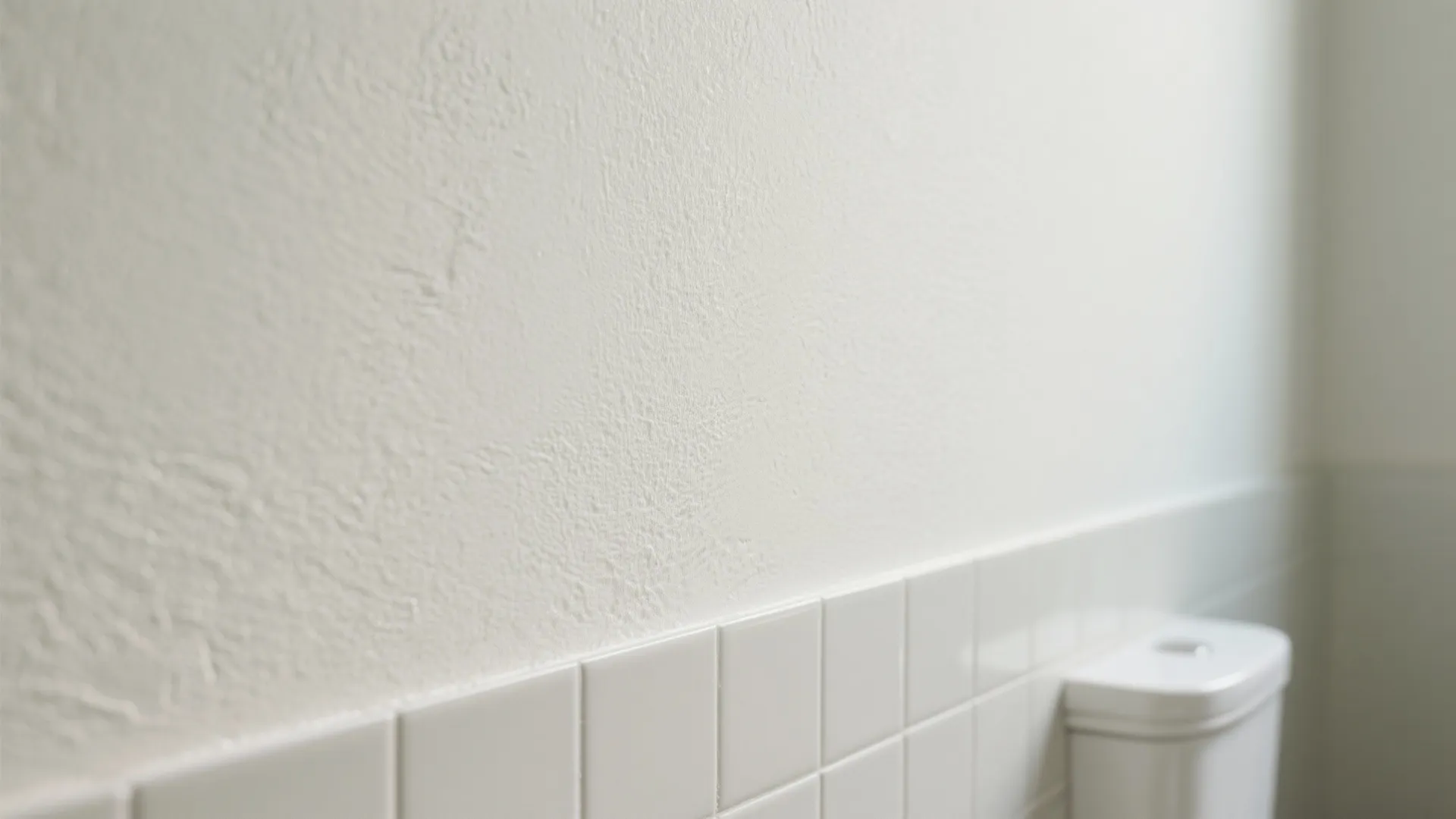 Close up of smooth white painted wall above small square tiles in a clean bathroom