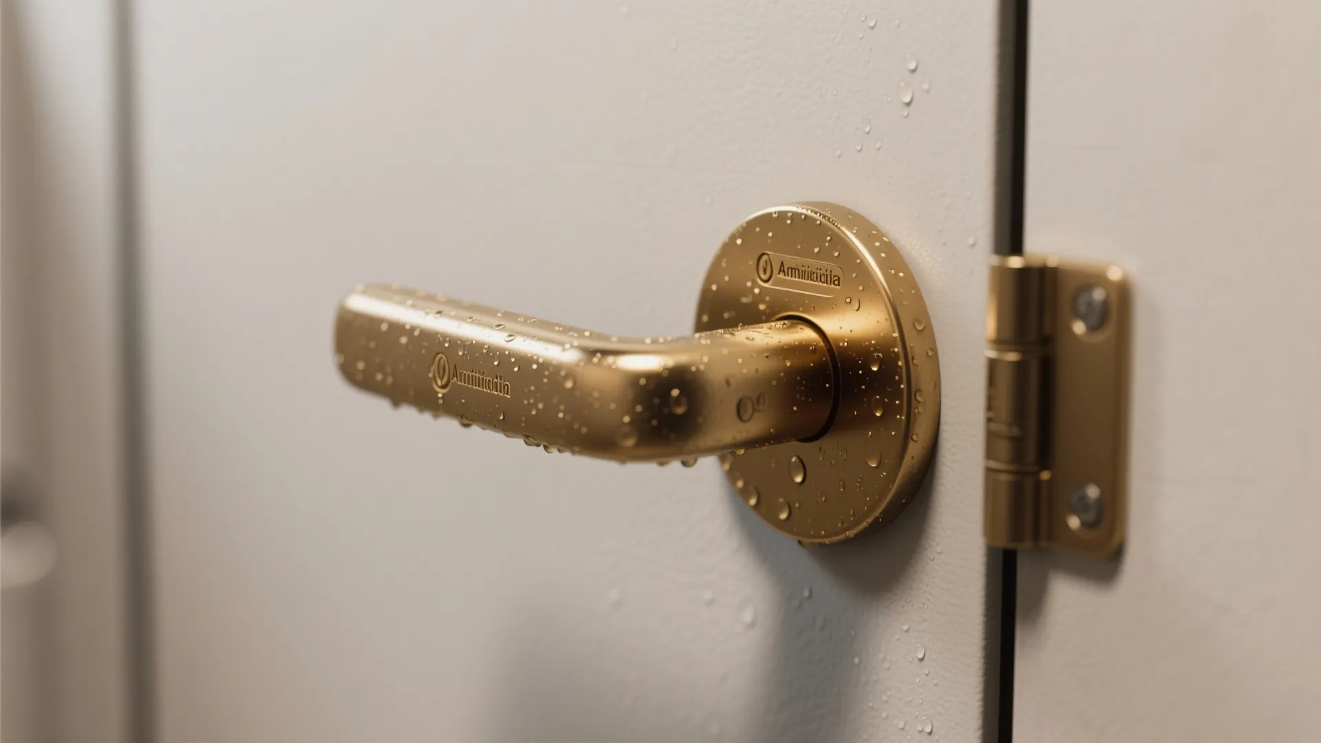 Brushed gold door handle with water drops on a white door and a round mounting plate