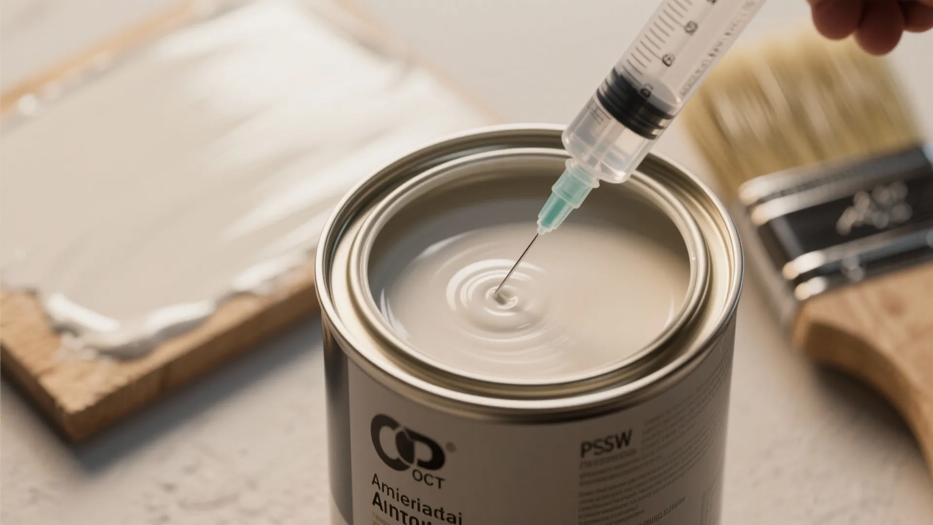 Close up view of liquid paint in a metal can being mixed with a medical syringe