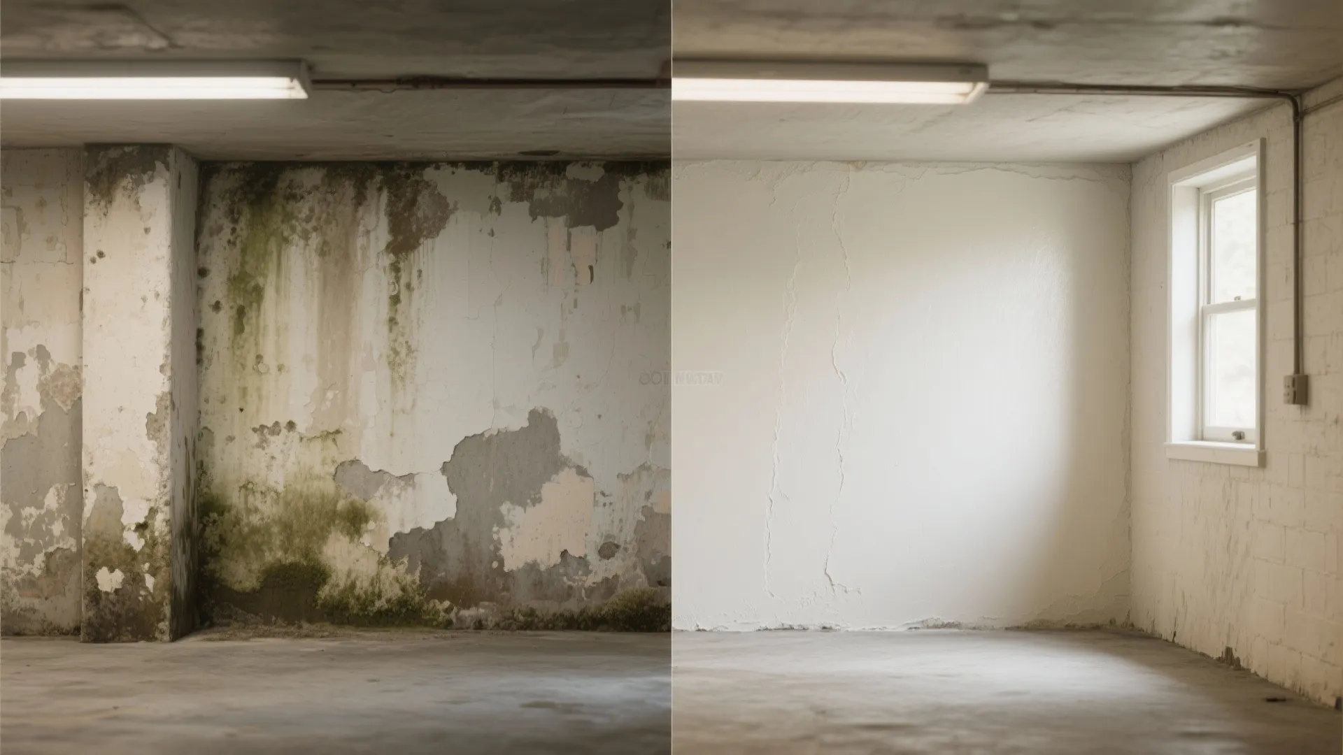 Before and after comparison of a moldy basement wall versus a clean white painted wall