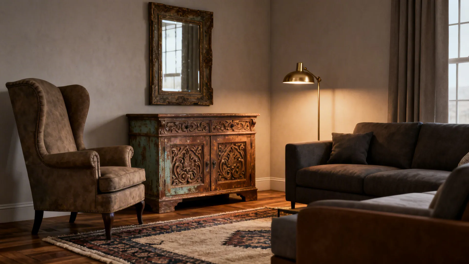 Antique carved sideboard paired with a wingback chair and deep sofa for comfort.