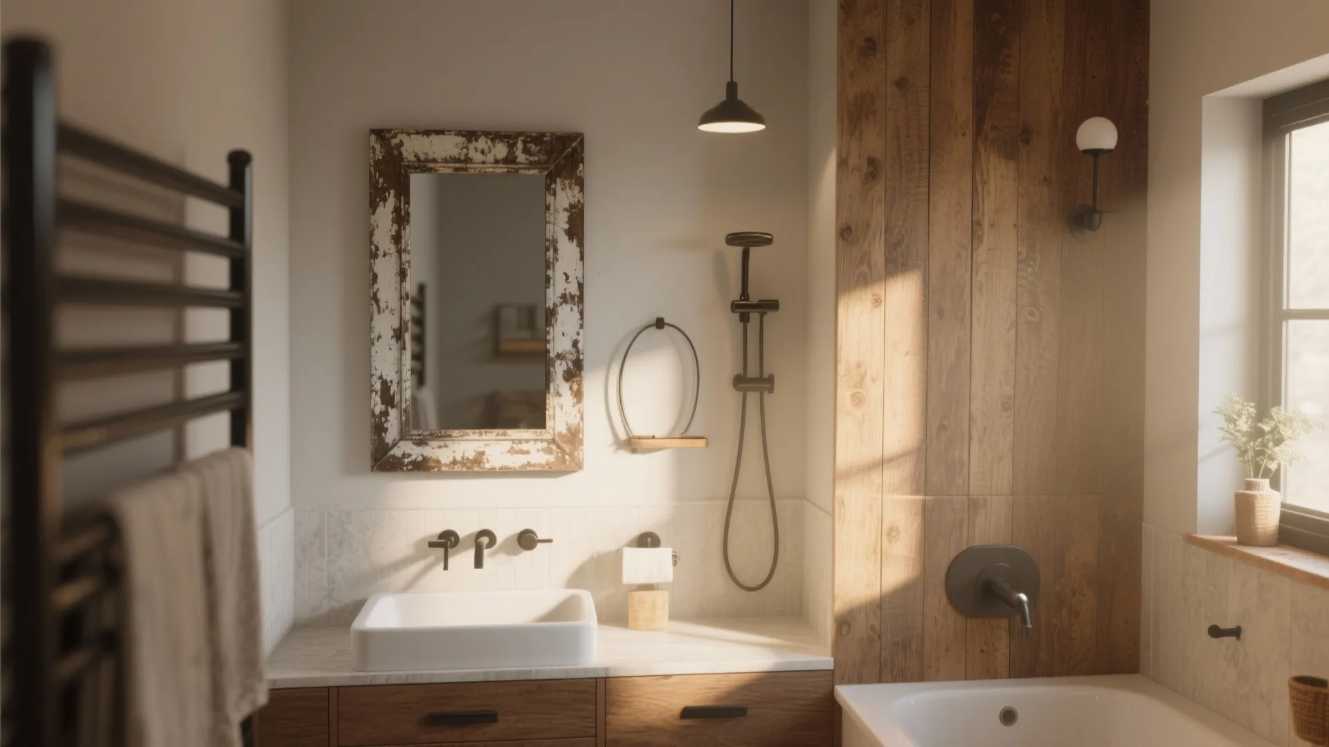Rustic bathroom featuring weathered wood mirror frame with black faucet and wooden wall panel design